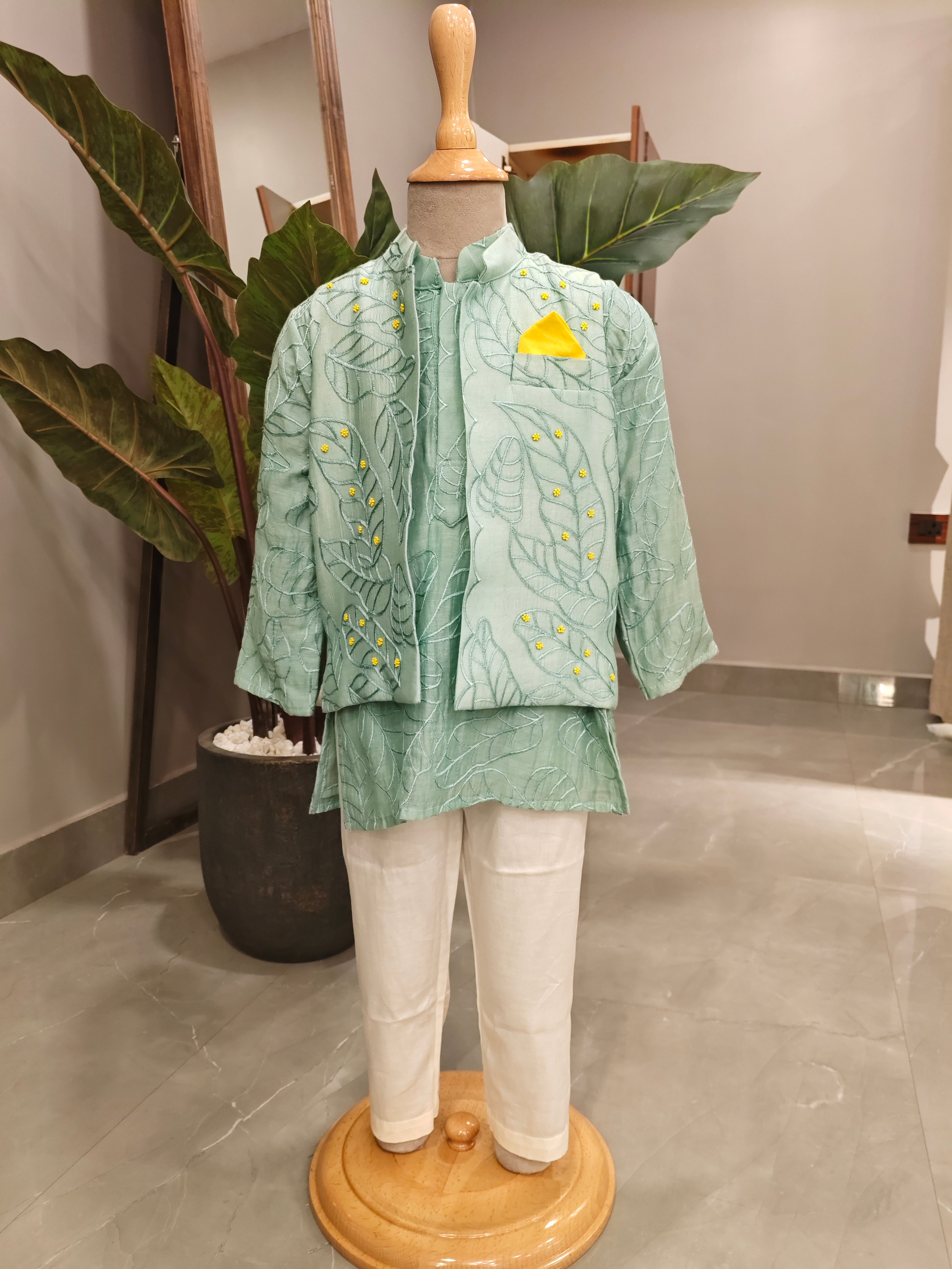 Mint Green Beads Work Lakhnavi Jacket with Lakhnavi Kurta and Pant