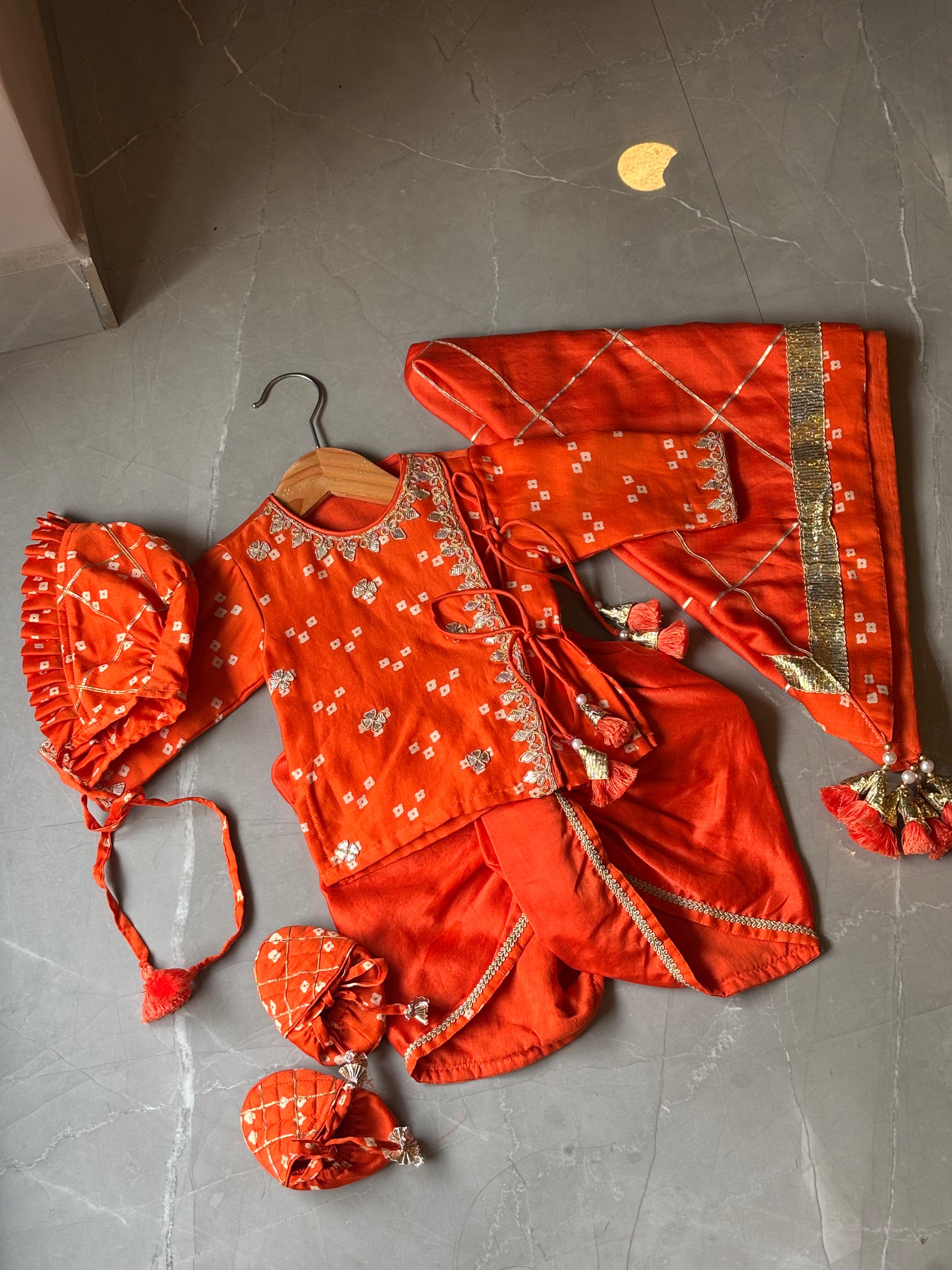Infant Jamna Orange Bandhej Dhoti Kurta Set
