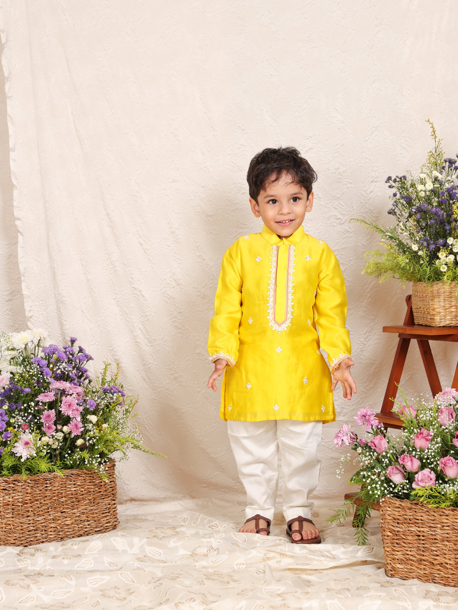 Yellow Chanderi Thread Work Kurta and Pant