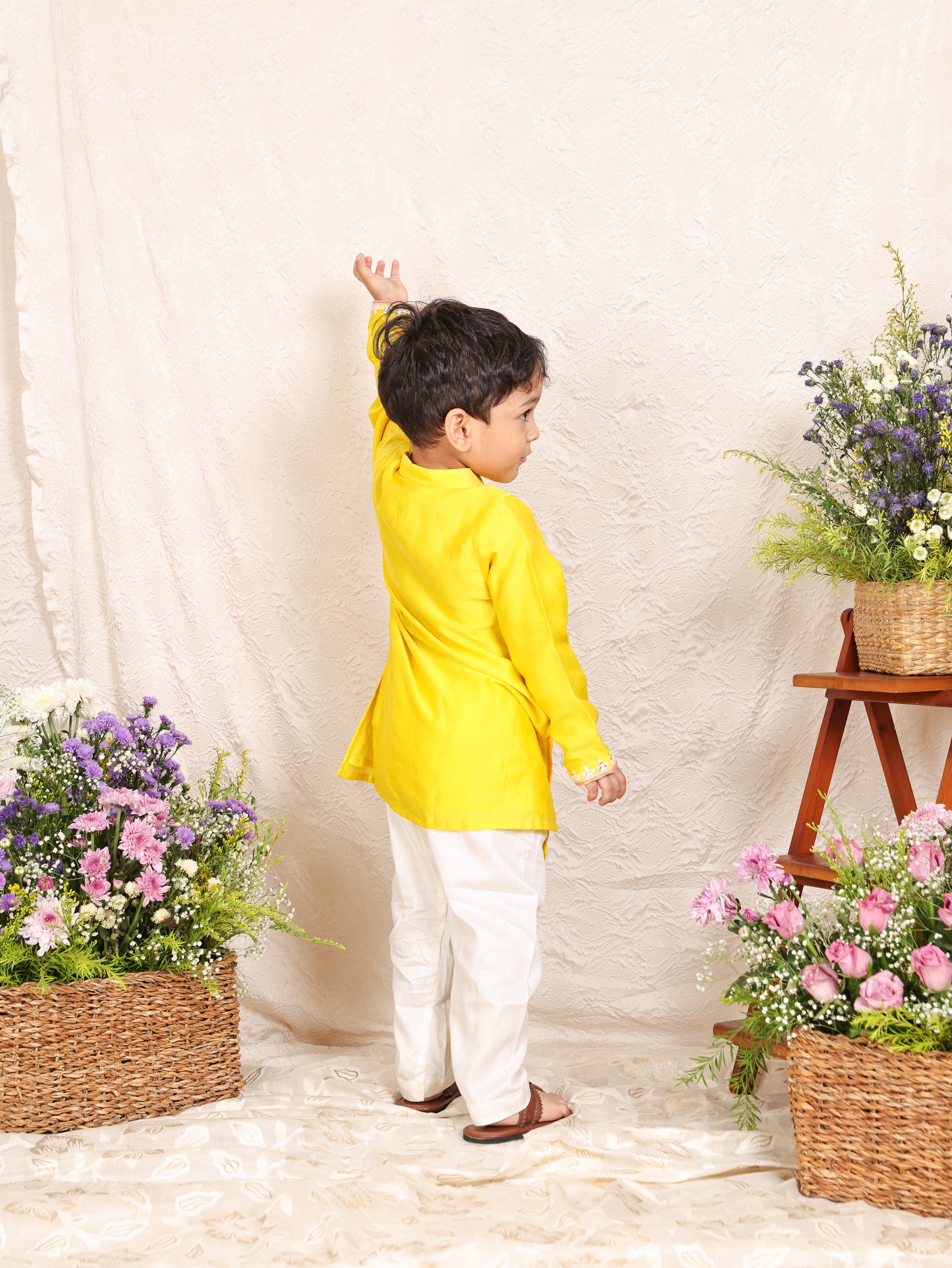 Yellow Chanderi Thread Work Kurta and Pant