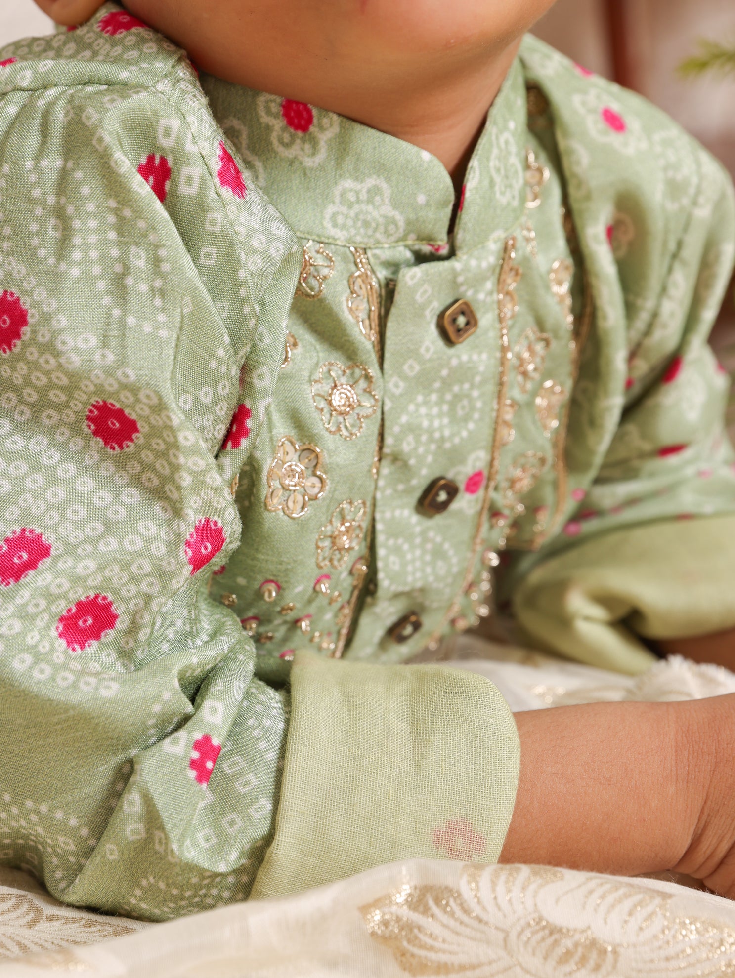 Pista Green Bandhej Zari Embroidered Kurta and Pant