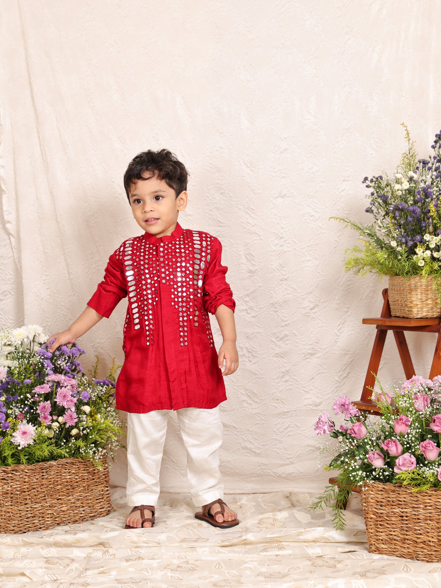 Red Mirror Kurta With Off White Pajama