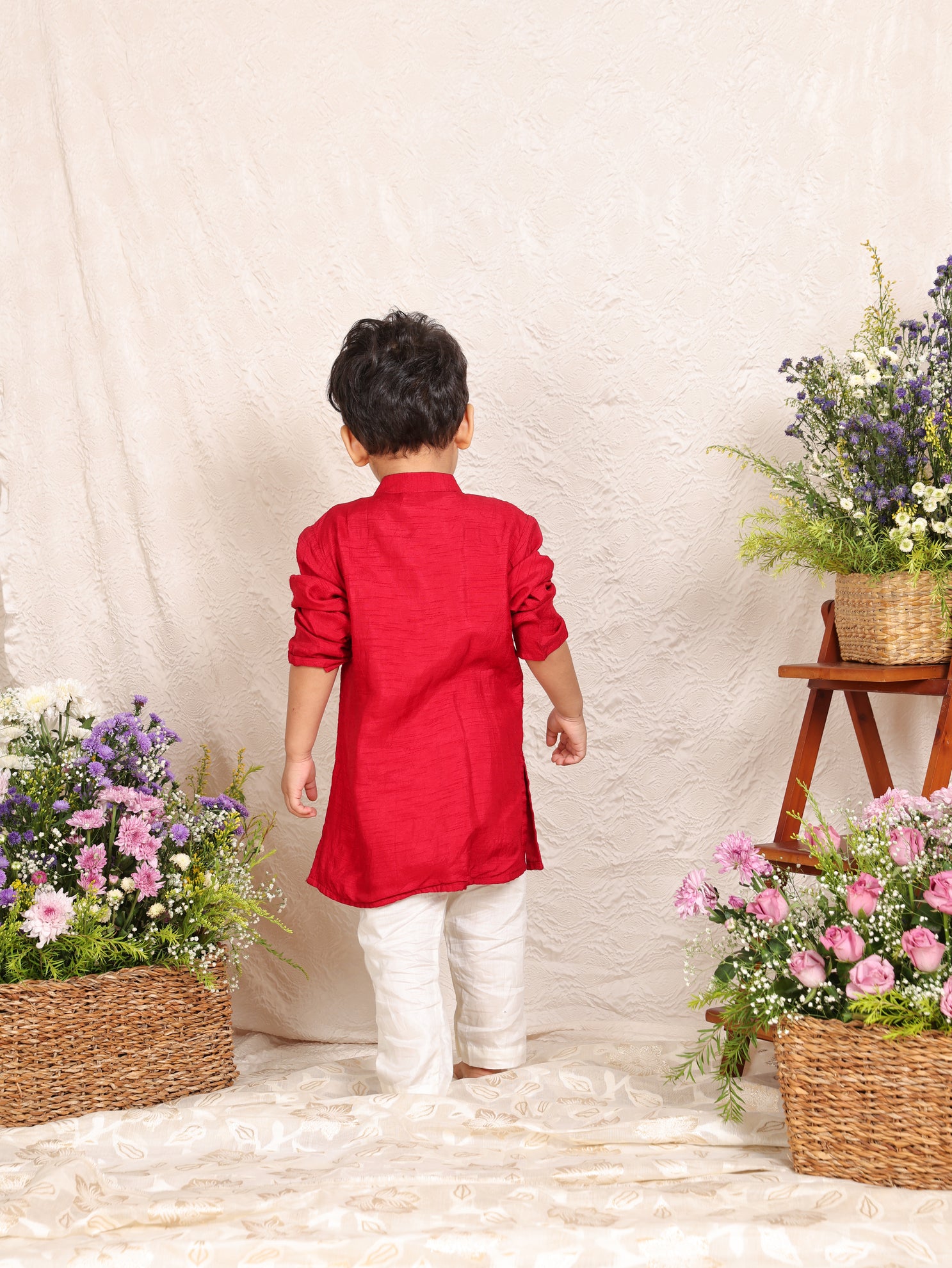 Red Mirror Kurta With Off White Pajama