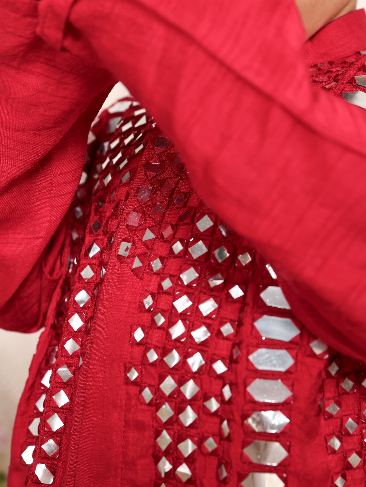 Red Mirror Kurta With Off White Pajama