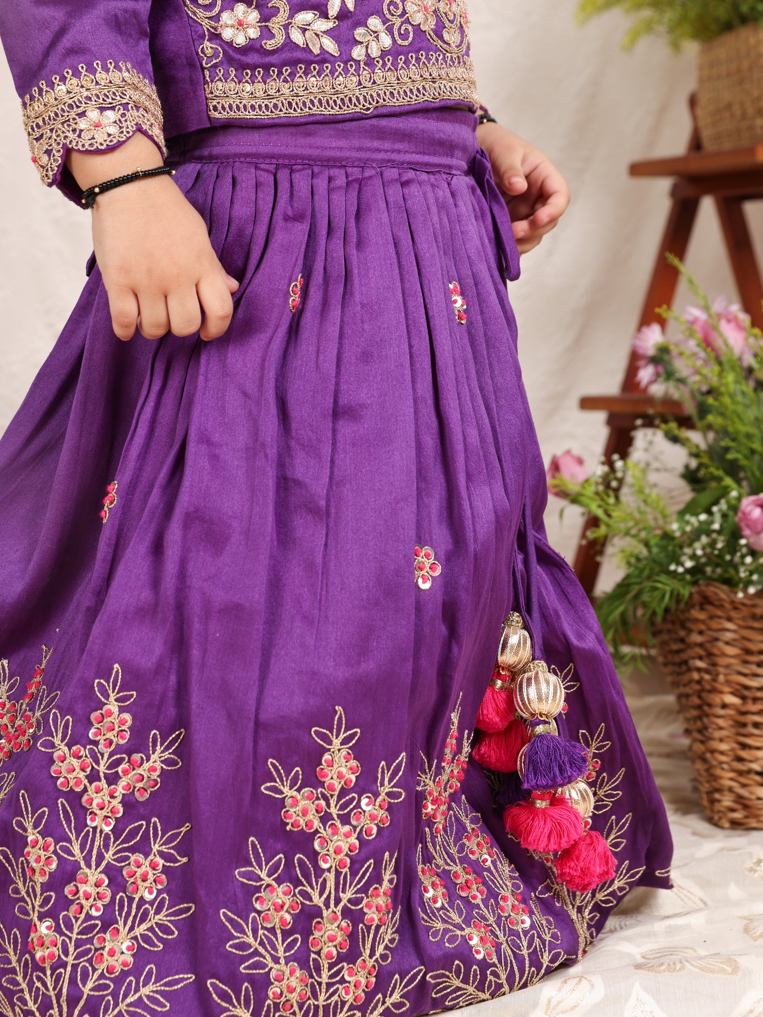 Purple Fully Embroidered Chanderi Blouse and Ghagara
