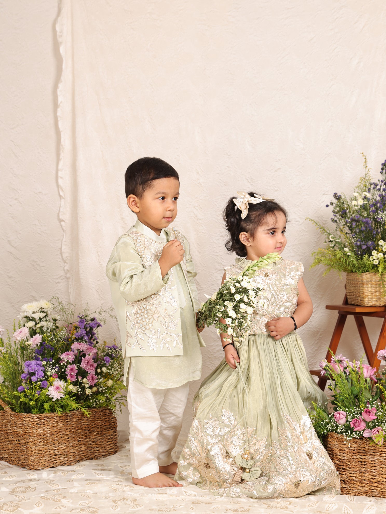 Pastel Green Gota And Pearl Embroidered Nehru Jacket set