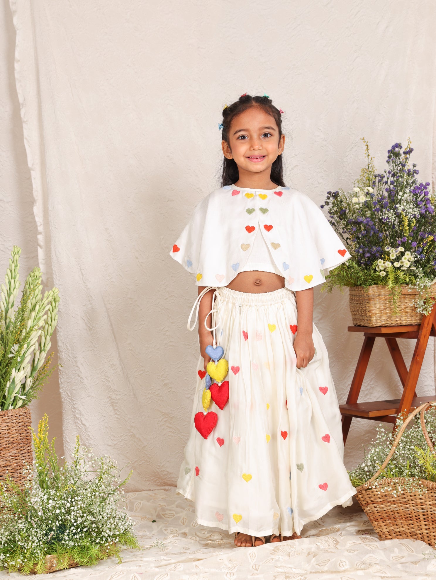 Off white Multicolour Hearts Embroidered Poncho Top and Ghaghra