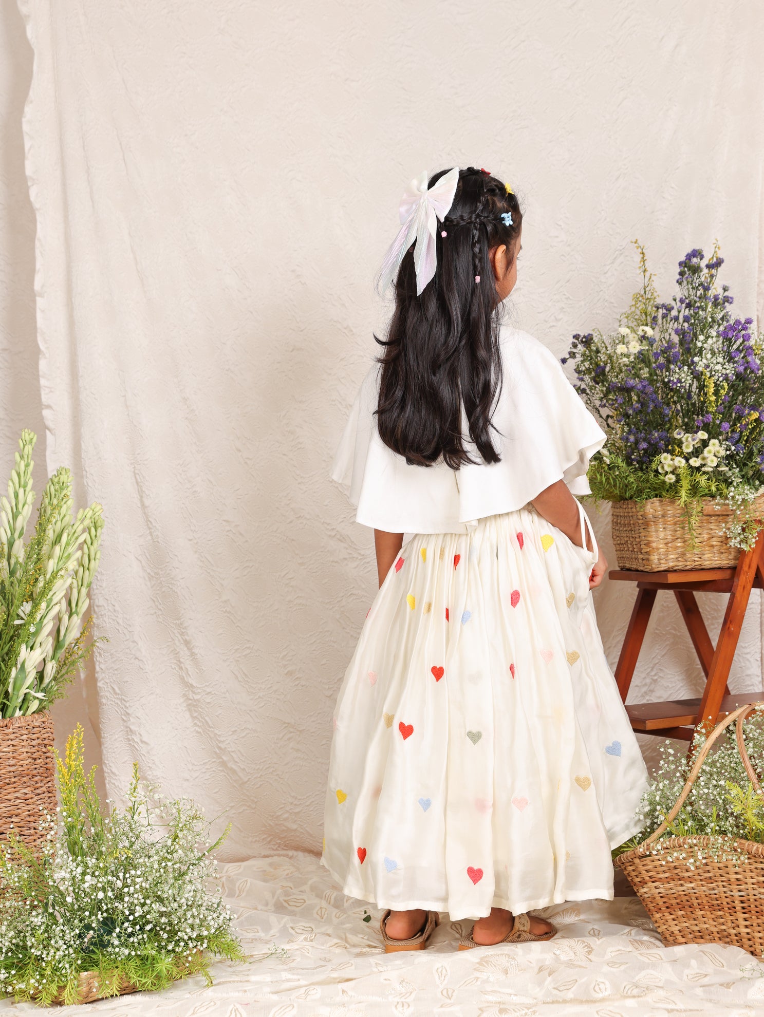 Off white Multicolour Hearts Embroidered Poncho Top and Ghaghra