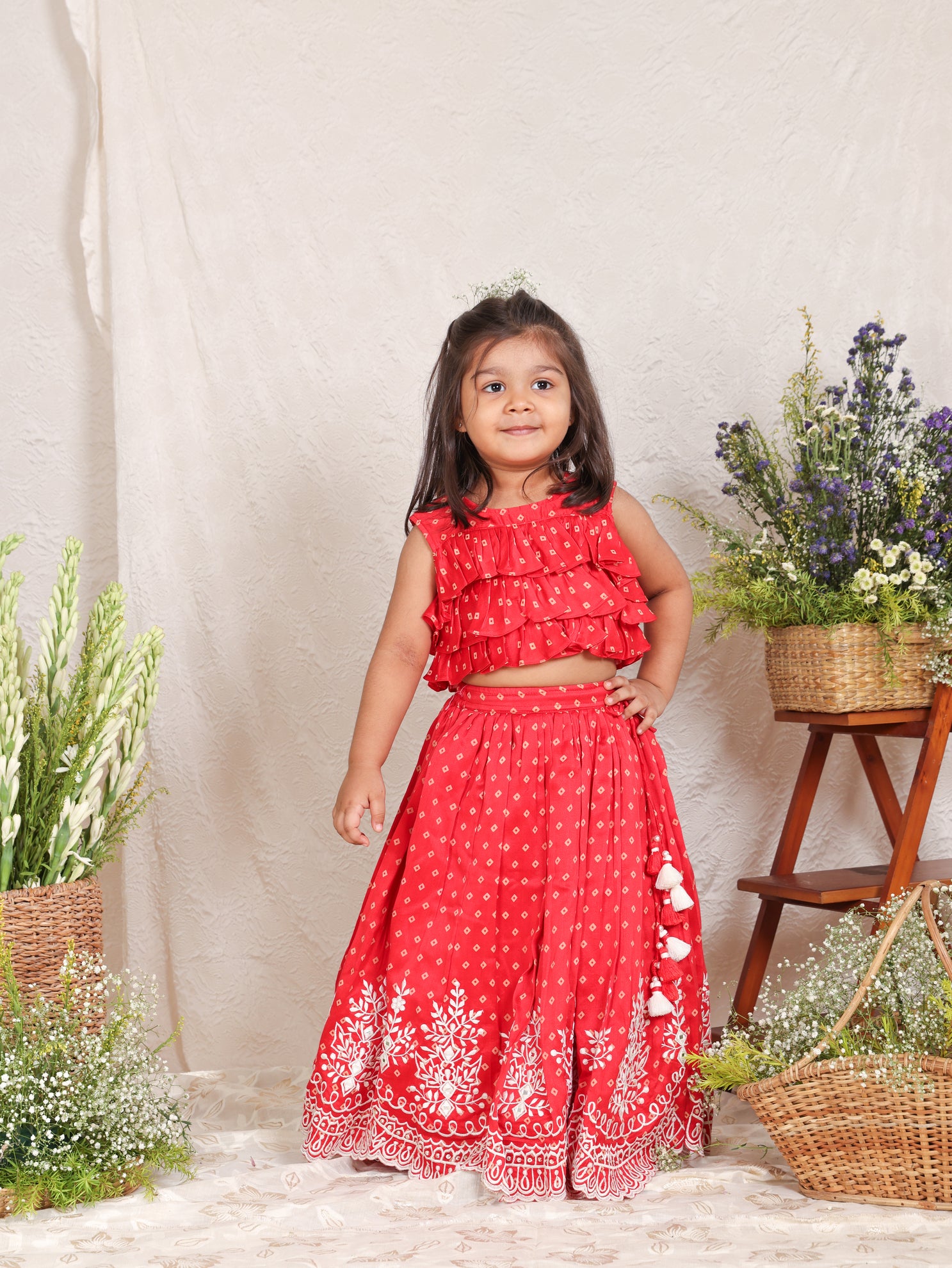 Red Bandhej Ruffle Top And Thread Embroidered Ghagara