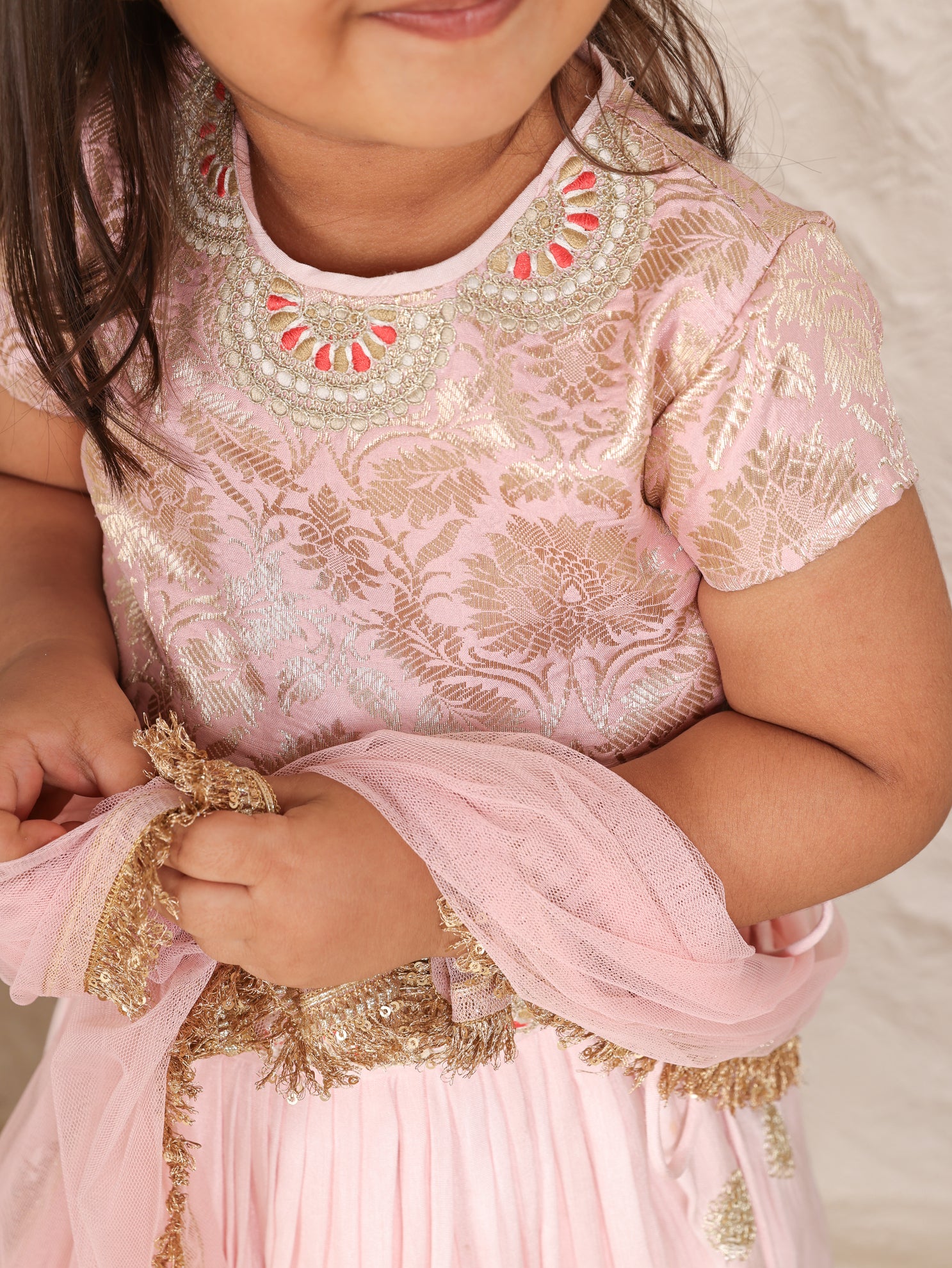 Pink Gota and Thread Worked Brocade Blouse and Ghaghra with Dupatta