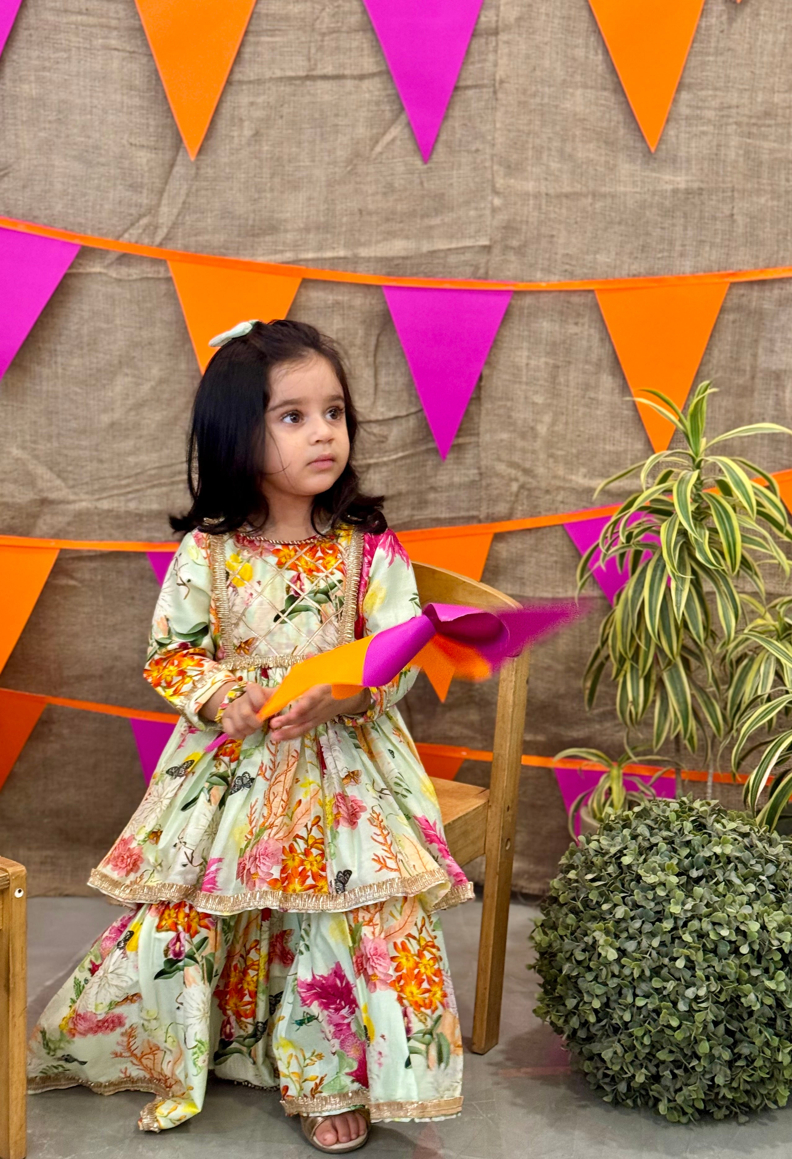 Mint Butterfly Flower Printed Gota Peplum and Sharara