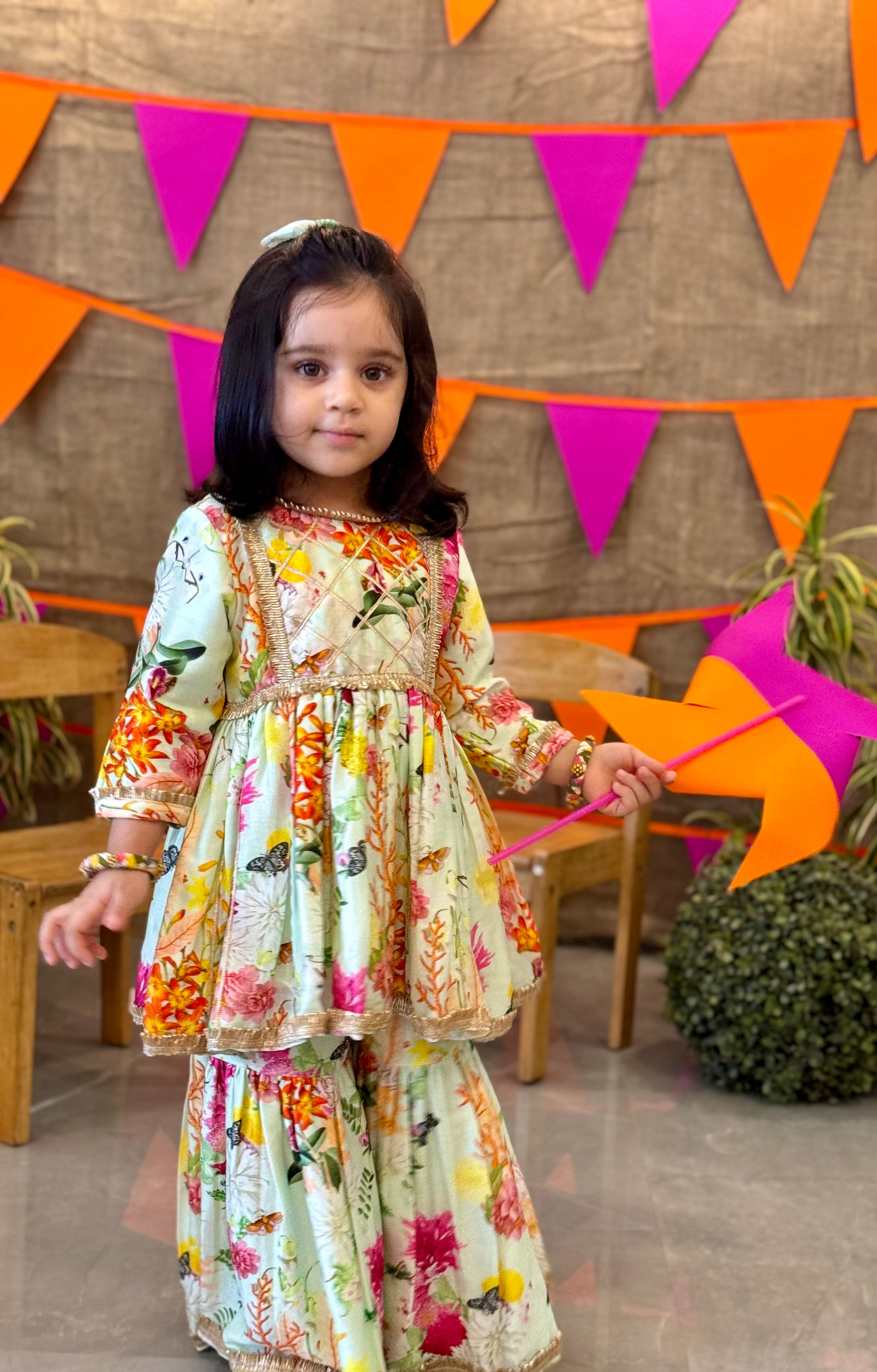 Mint Butterfly Flower Printed Gota Peplum and Sharara