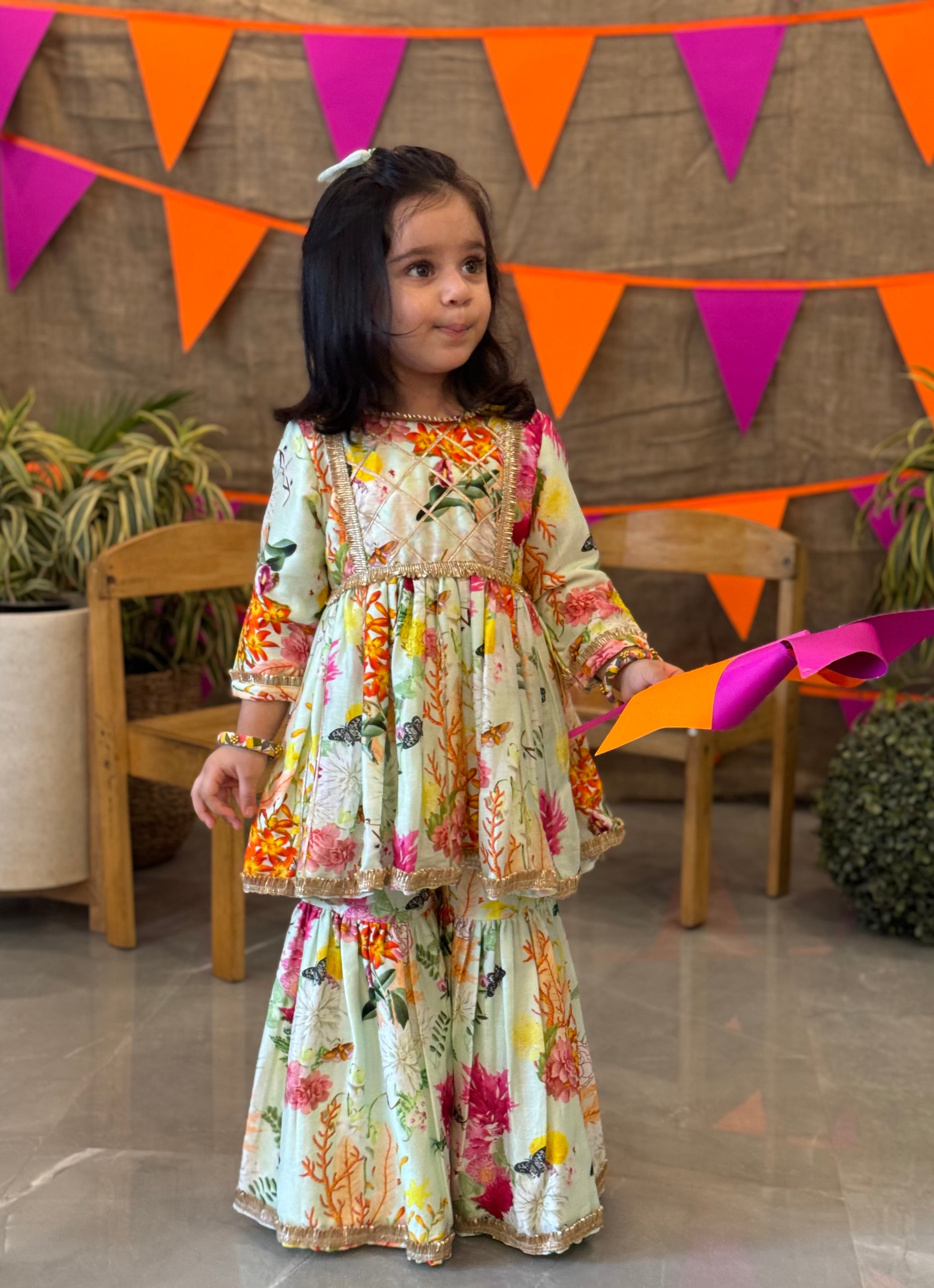 Mint Butterfly Flower Printed Gota Peplum and Sharara