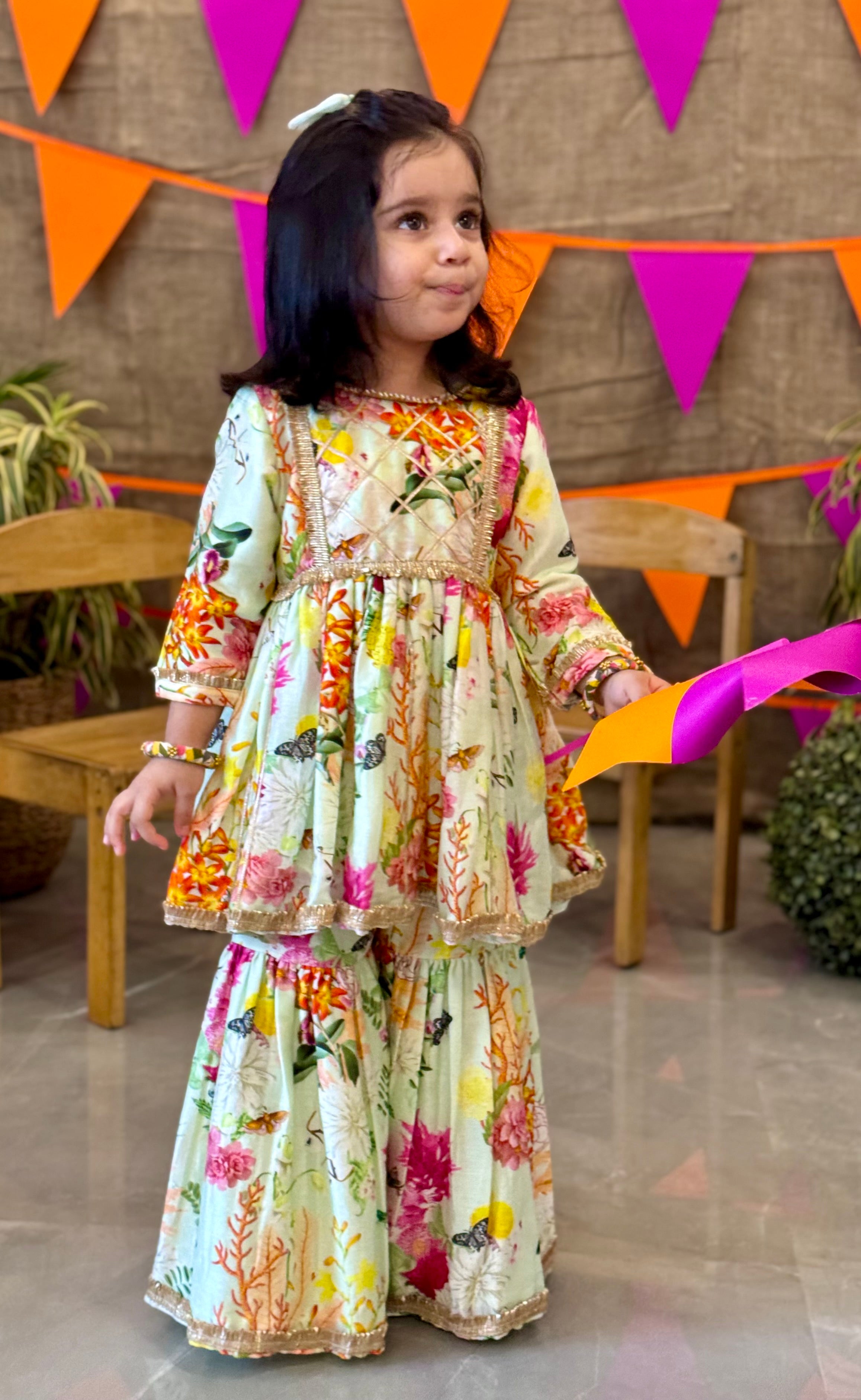 Mint Butterfly Flower Printed Gota Peplum and Sharara