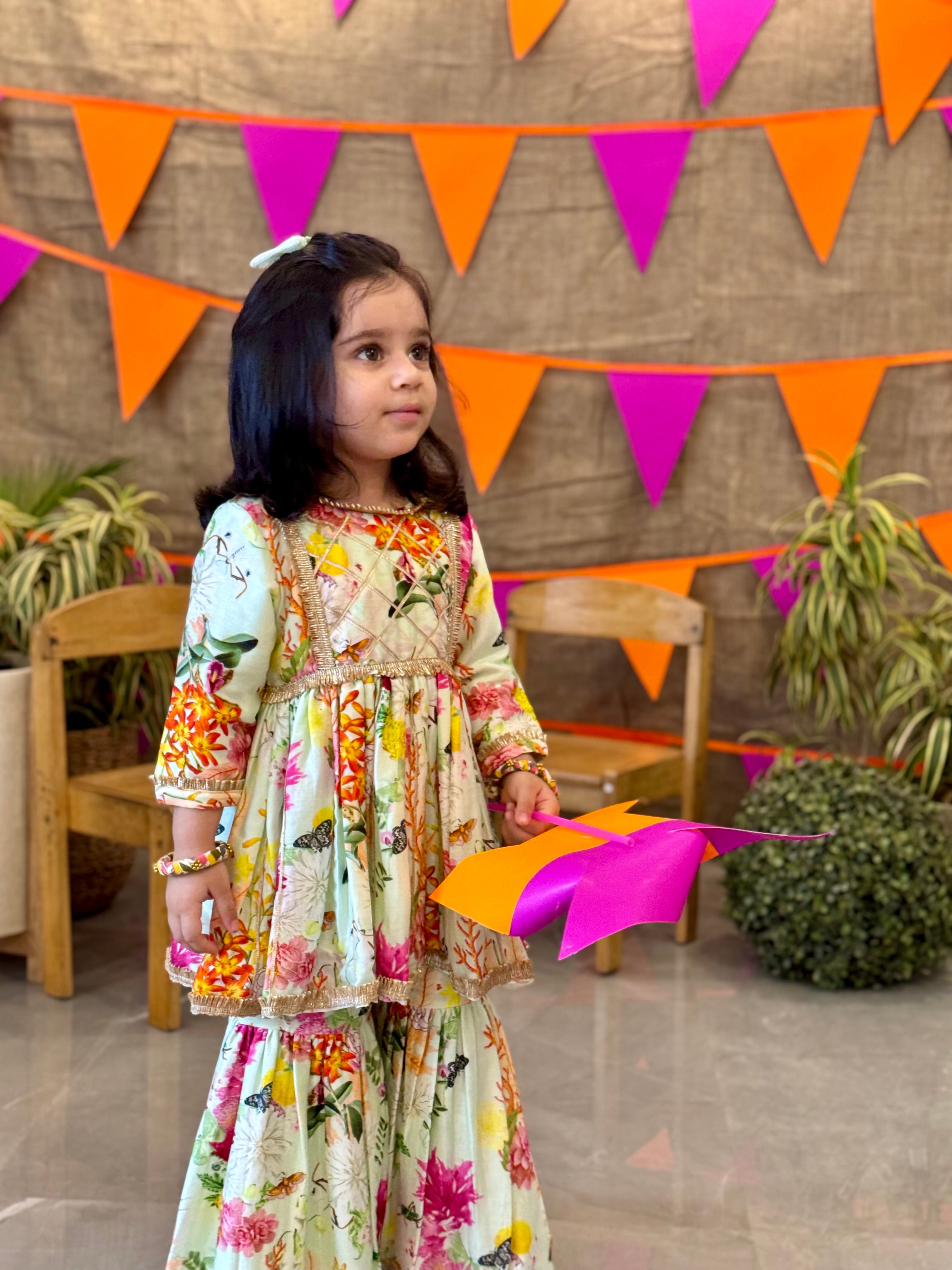 Mint Butterfly Flower Printed Gota Peplum and Sharara