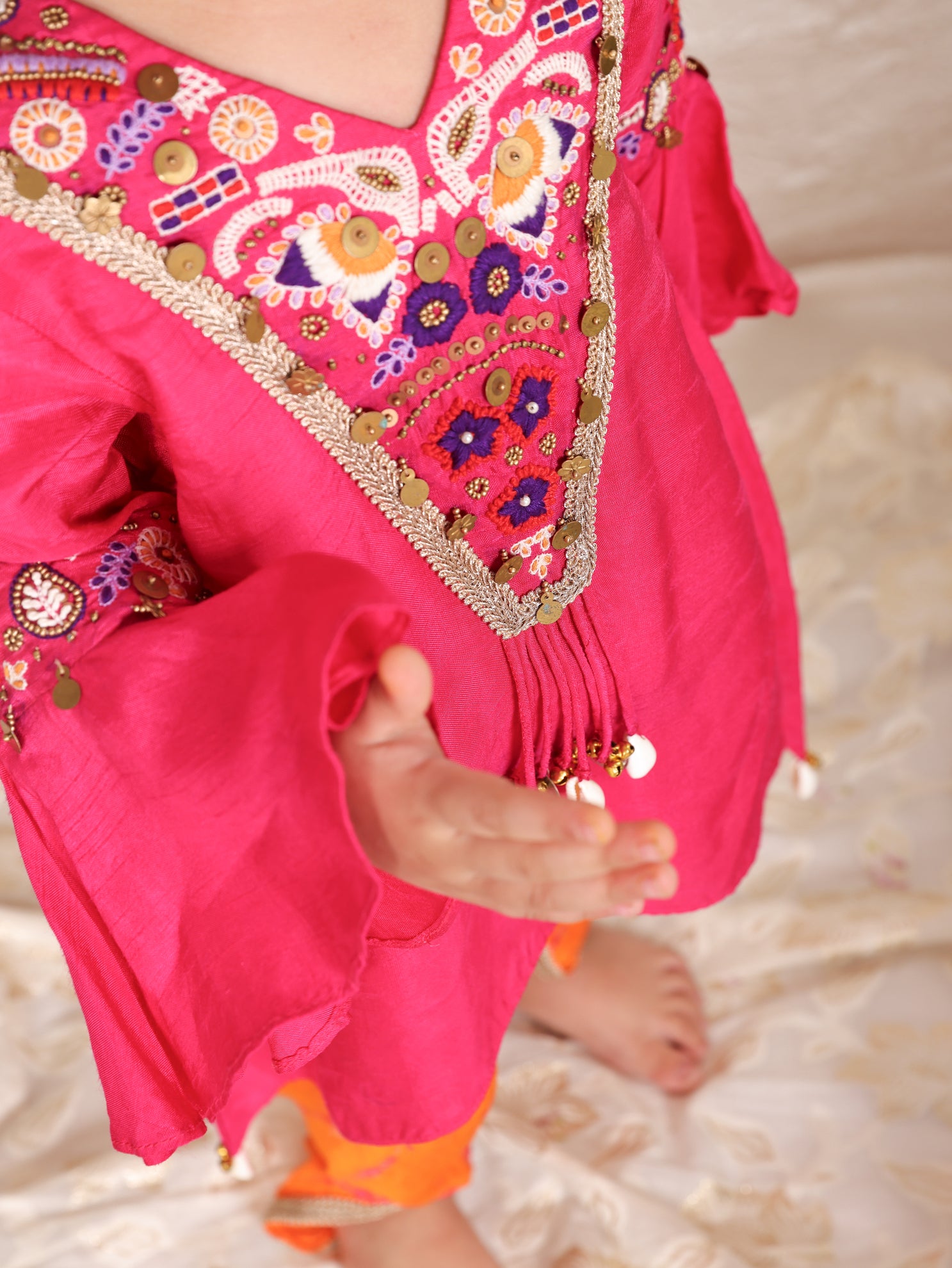 Hot Pink Embroidered Assymetrical Kurta with Orange Shiboree Dhoti
