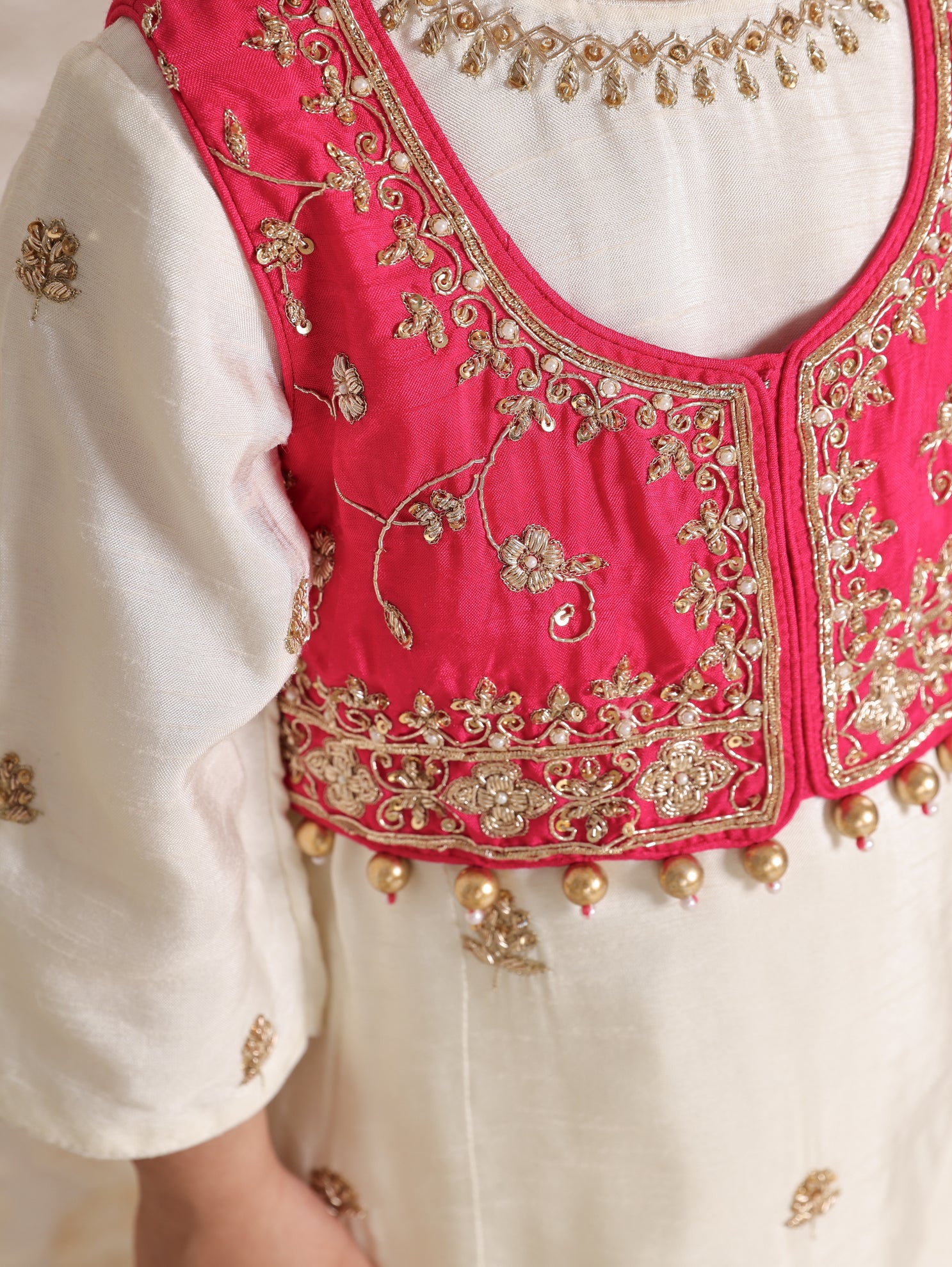 Zari Embroidered Hot Pink Jacket and Off White Buta Kurta With Pant