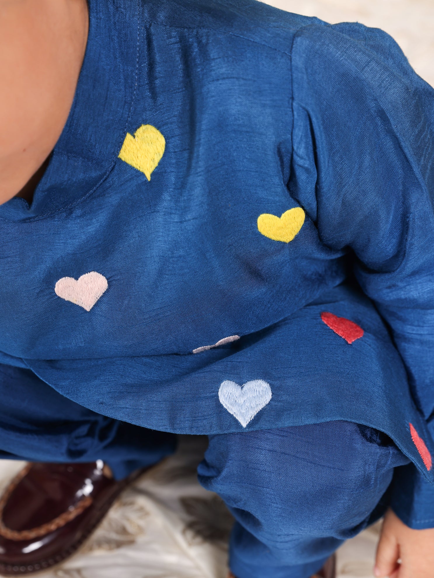 HEART EMBROIDERED BLUE SIDE BOTTON KURTA AND PANT