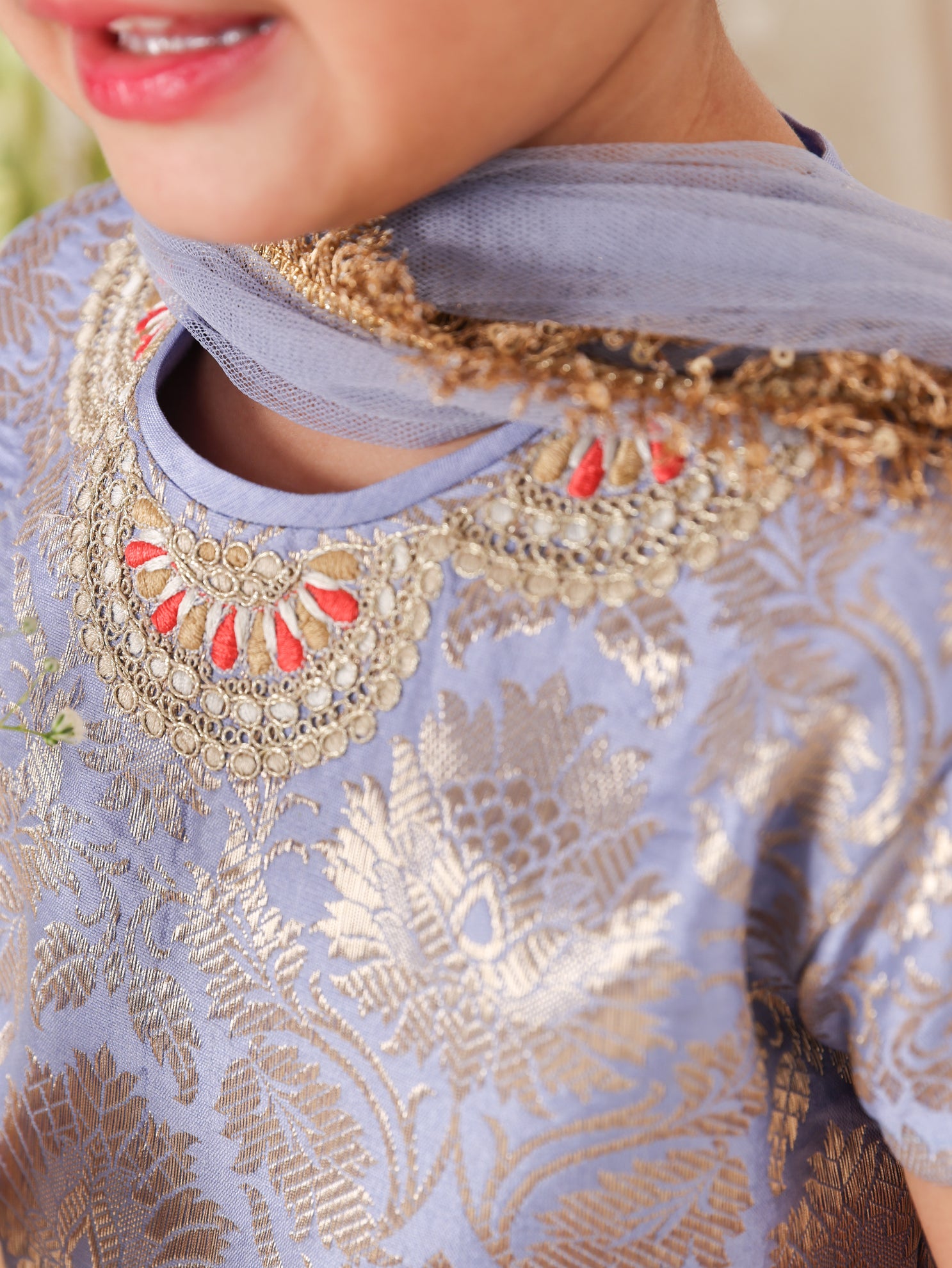 Lavender Brocade Top and Thread Embroidered Ghaghra With Dupatta