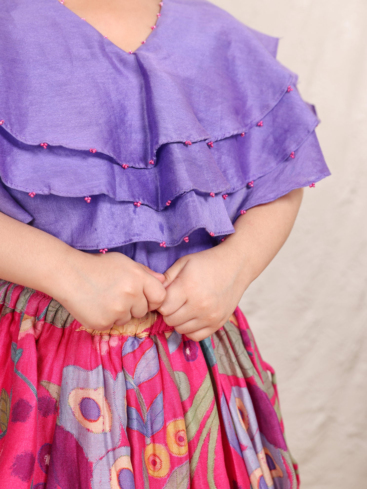 Lavender Ruffle top and Printed Ghagara