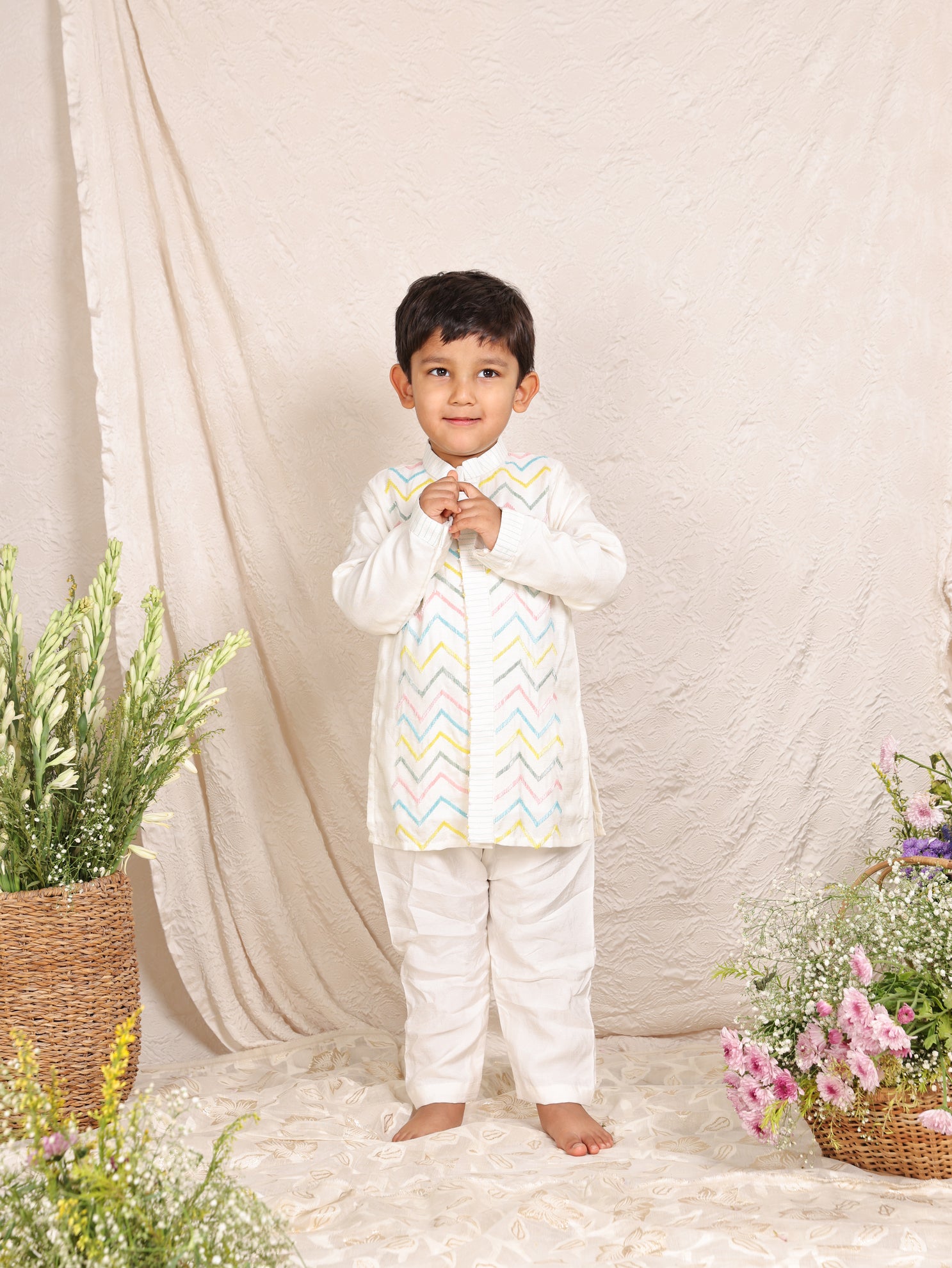 Multicolour Cut Dana Worked Off White Kurta and Pant