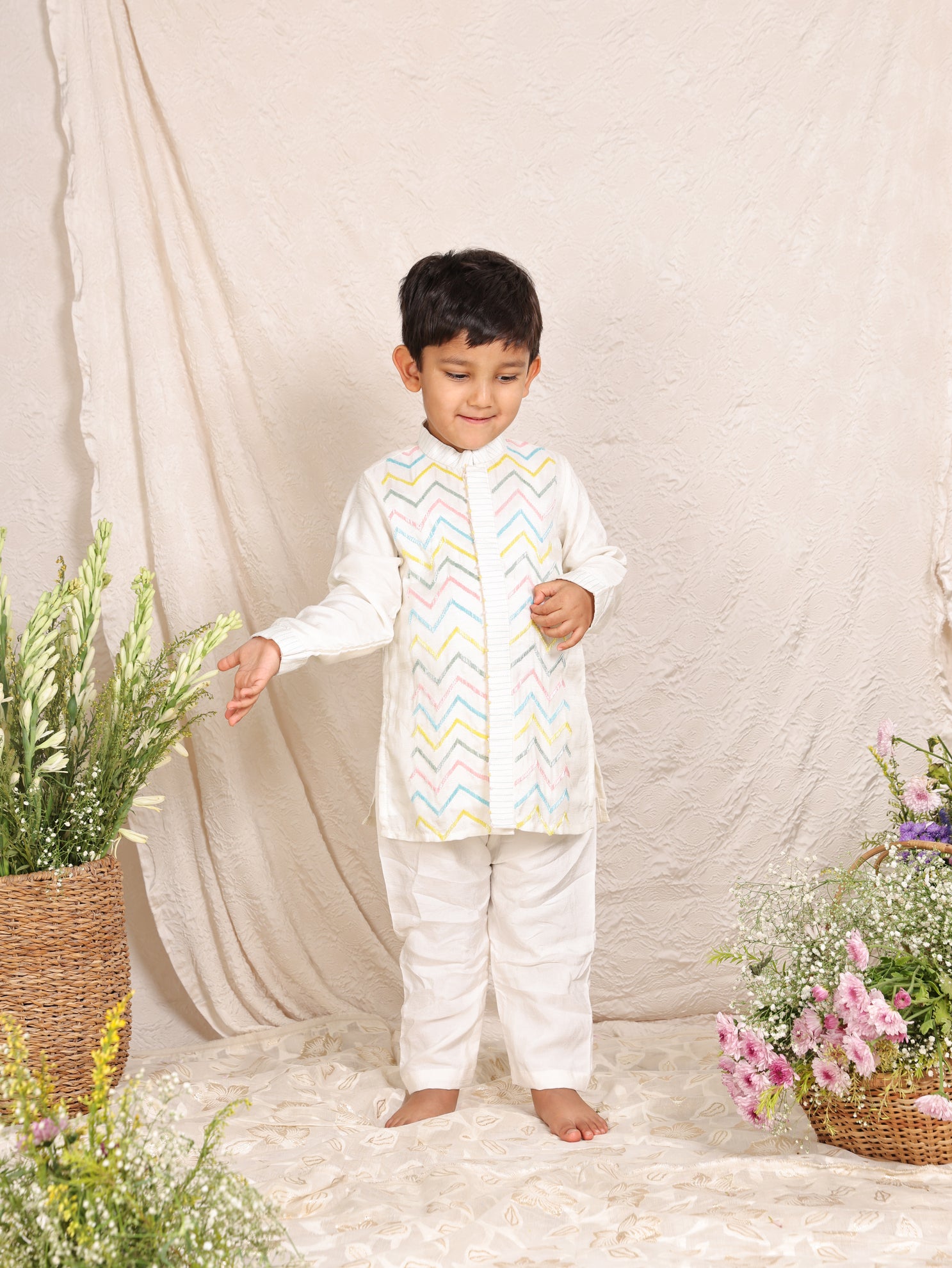 Multicolour Cut Dana Worked Off White Kurta and Pant