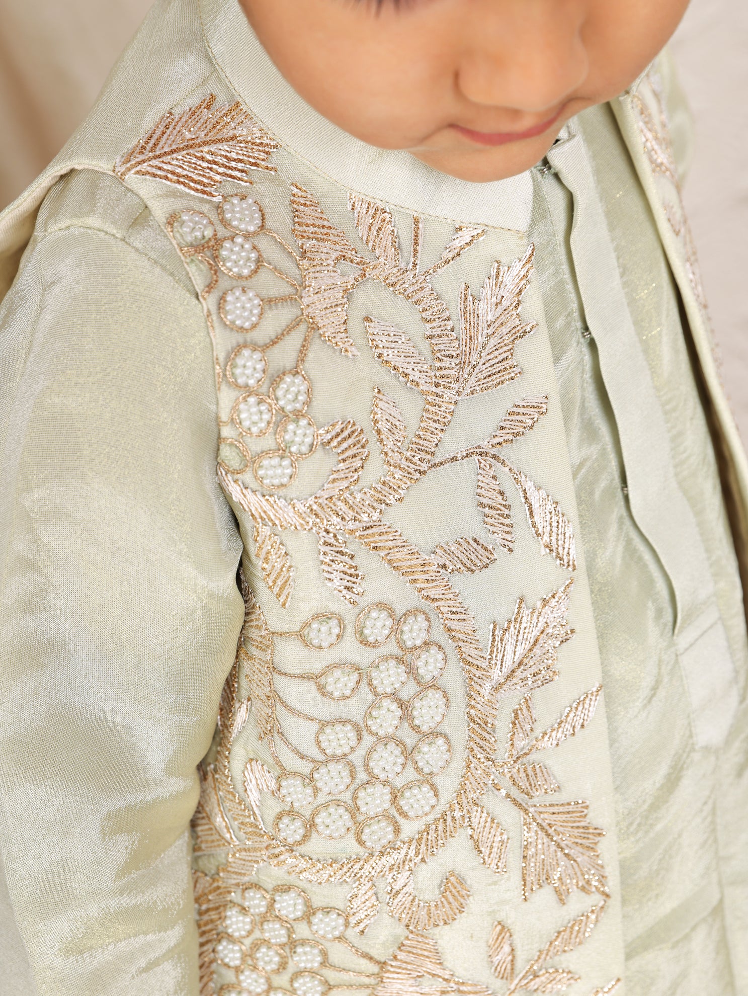 Pastel Green Gota And Pearl Embroidered Nehru Jacket set