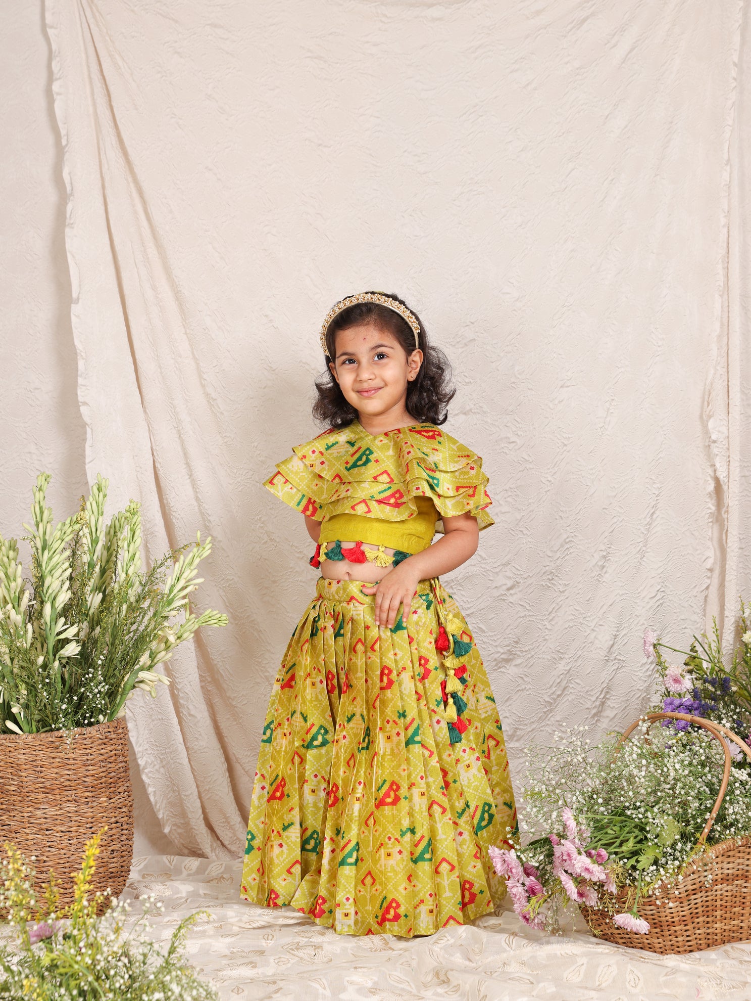 Lime Green Patola Printed Ruffle Top and Ghaghra