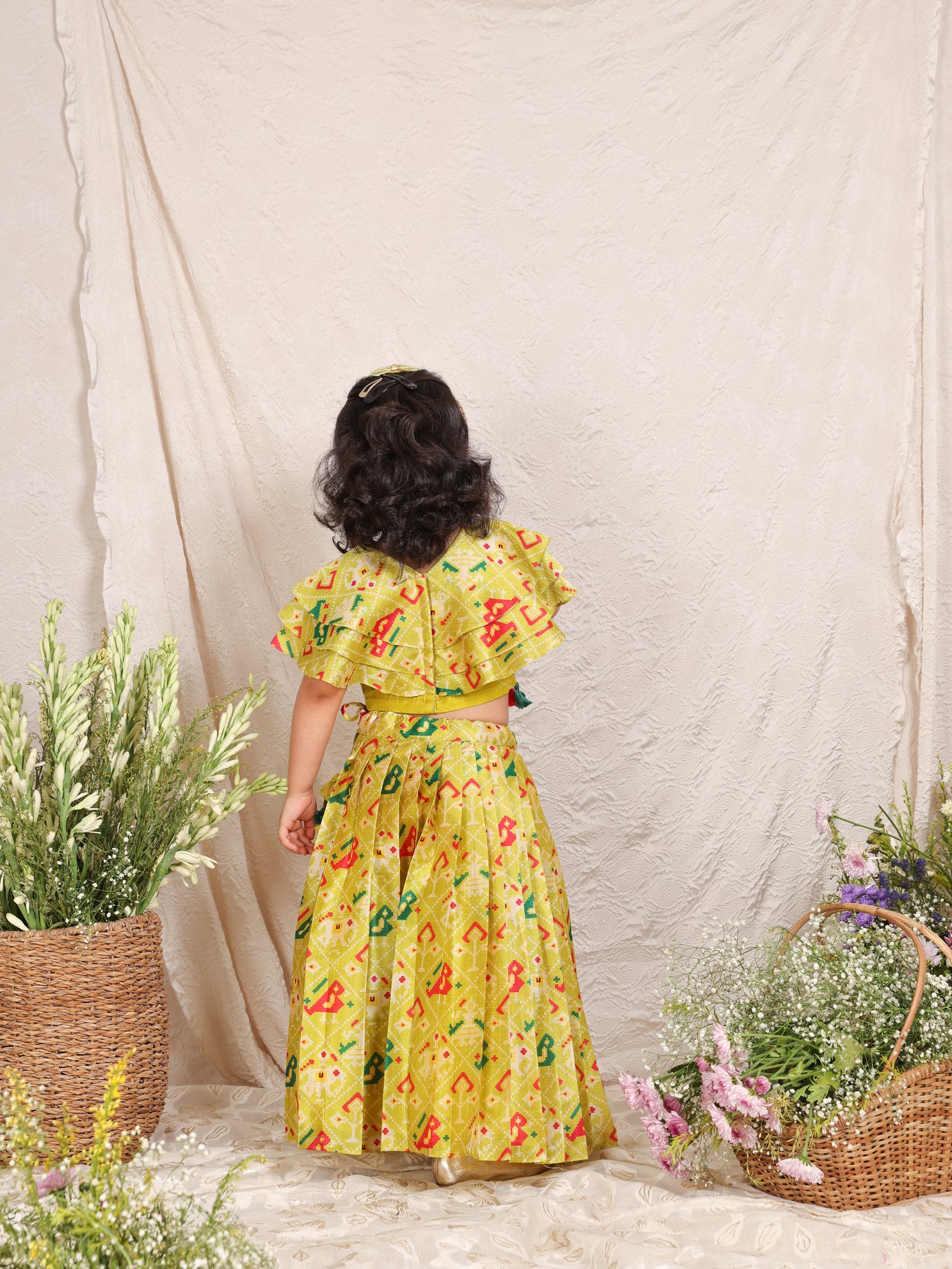 Lime Green Patola Printed Ruffle Top and Ghaghra