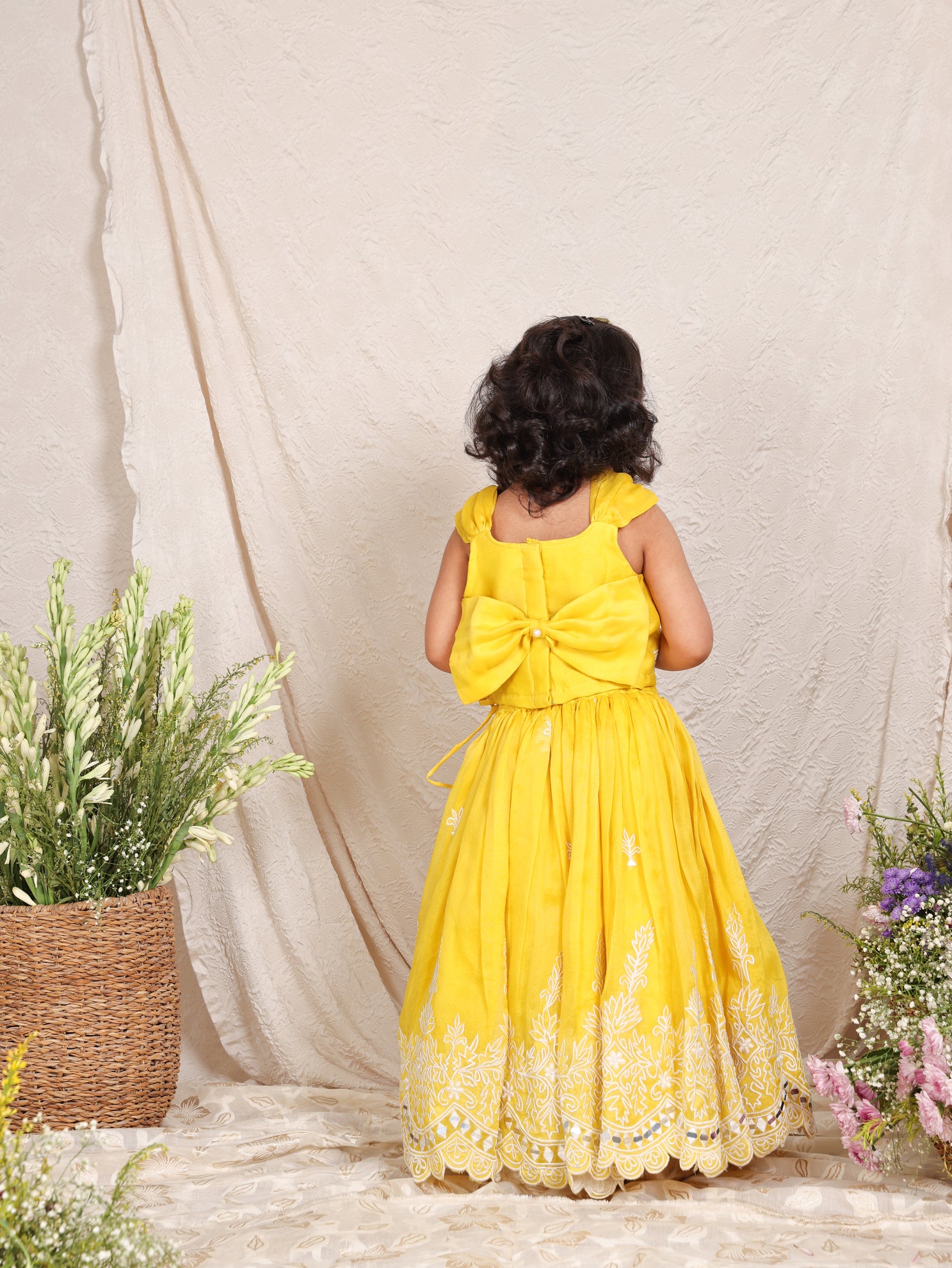 Yellow Organza Thread Work And Mirror Ghagara And Top