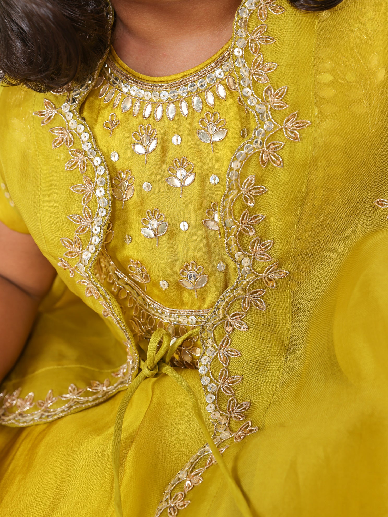 Beautiful Zari And Sequins Worked Lime Green Cape With Heavy Embroidered Blouse and Ghaghra