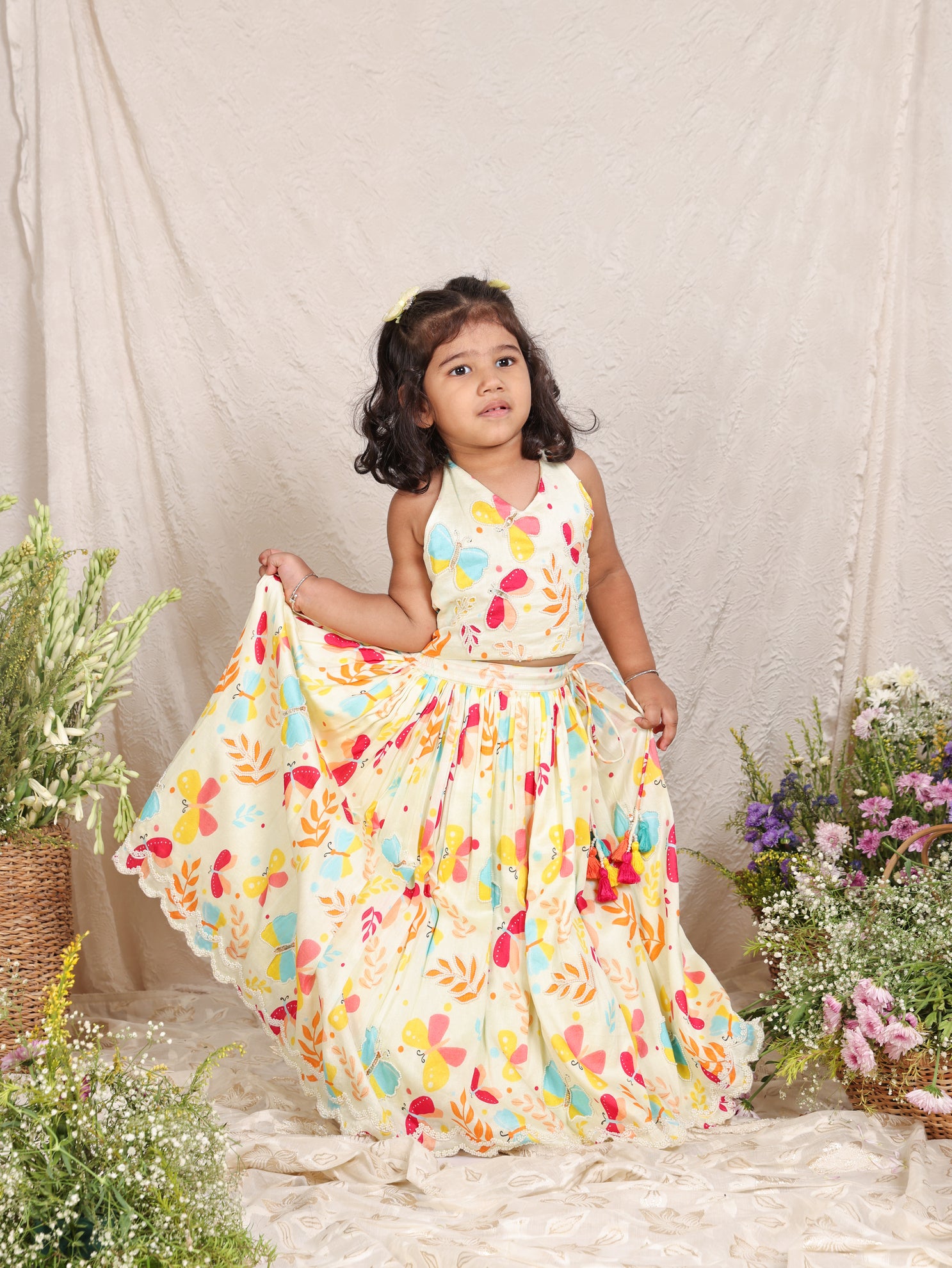 Butterfly Printed Halter neck Top and Ghagara with Dupatta
