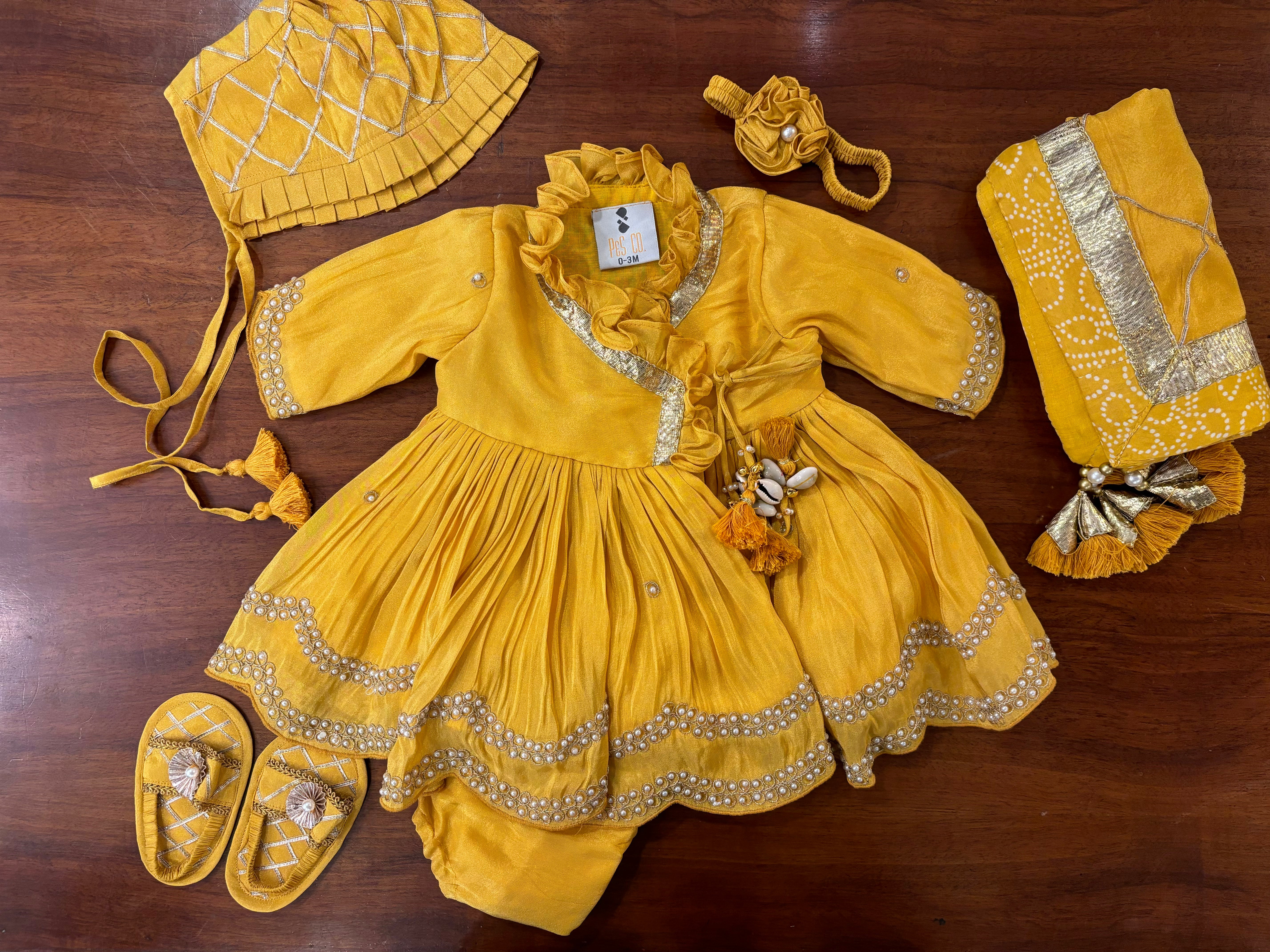 Yellow Moti Line Angrakha Jaamna Set Girls