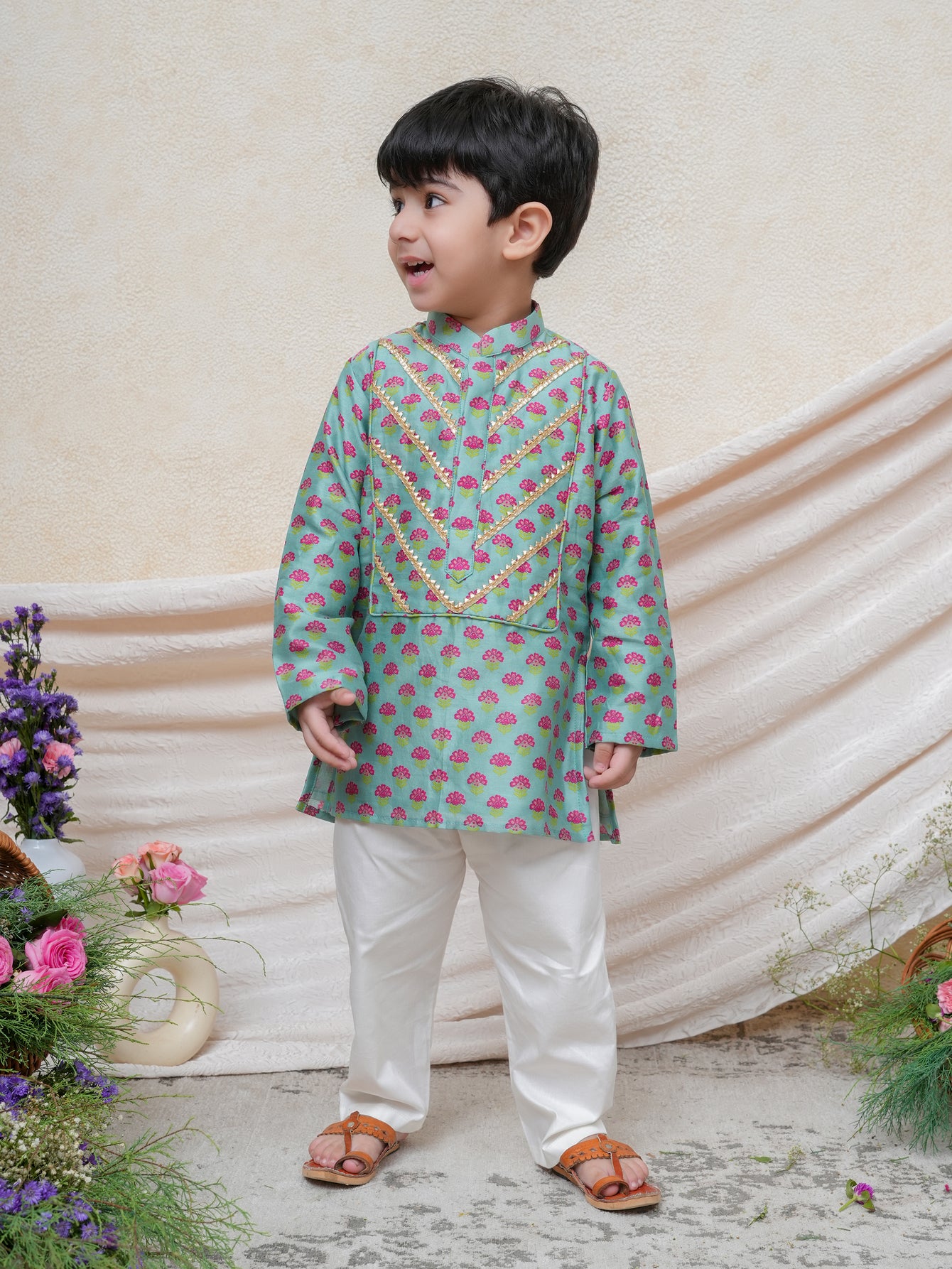 Mint Floral Printed Gota Lace Detailed Kurta and Pyjama