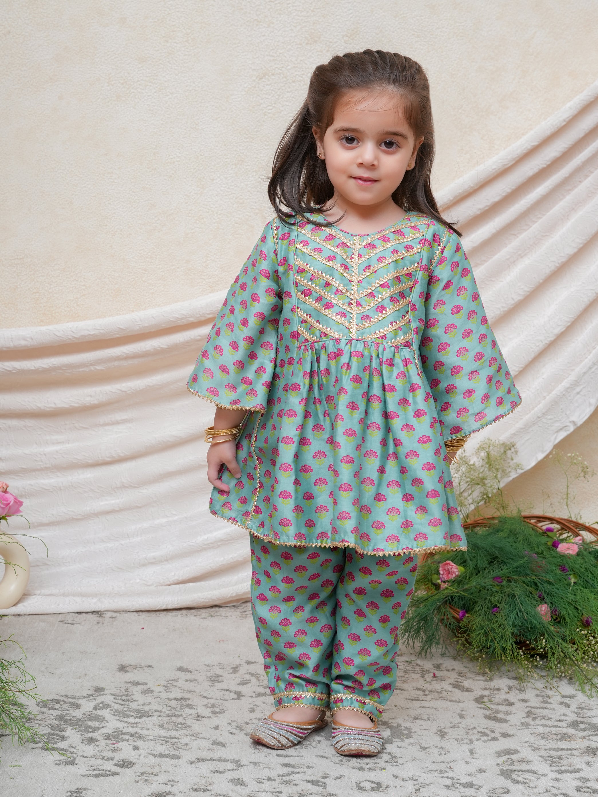 Mint Floral Printed Gota Lace Detailed Peplum and Pant