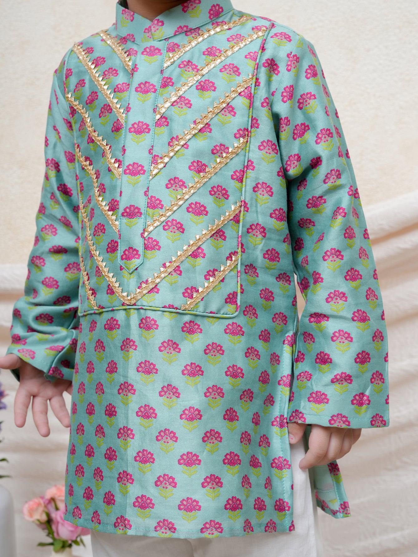 Mint Floral Printed Gota Lace Detailed Kurta and Pyjama