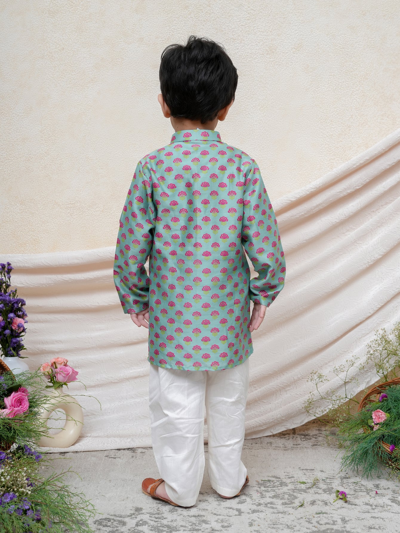 Mint Floral Printed Gota Lace Detailed Kurta and Pyjama