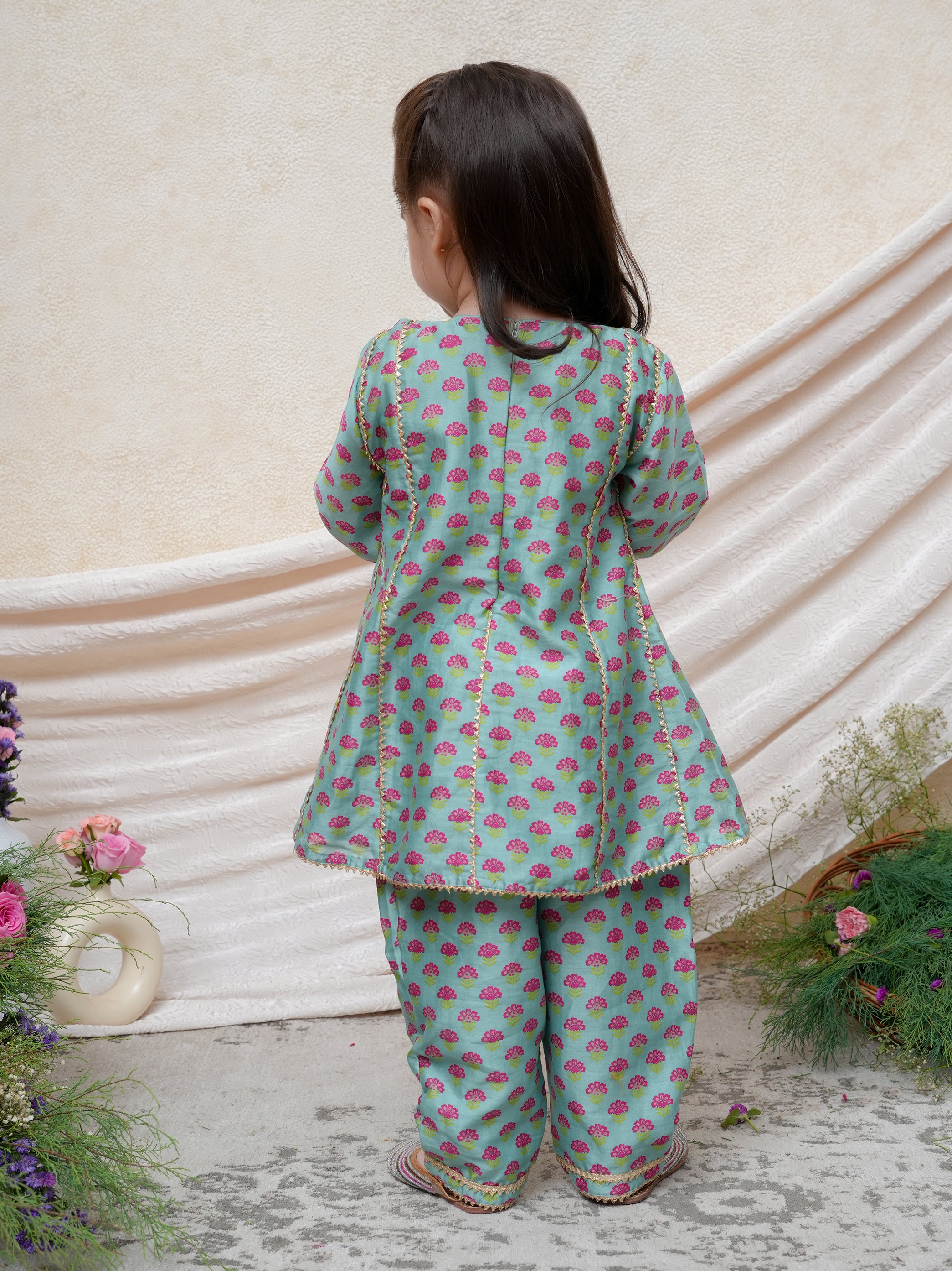 Mint Floral Printed Gota Lace Detailed Peplum and Pant