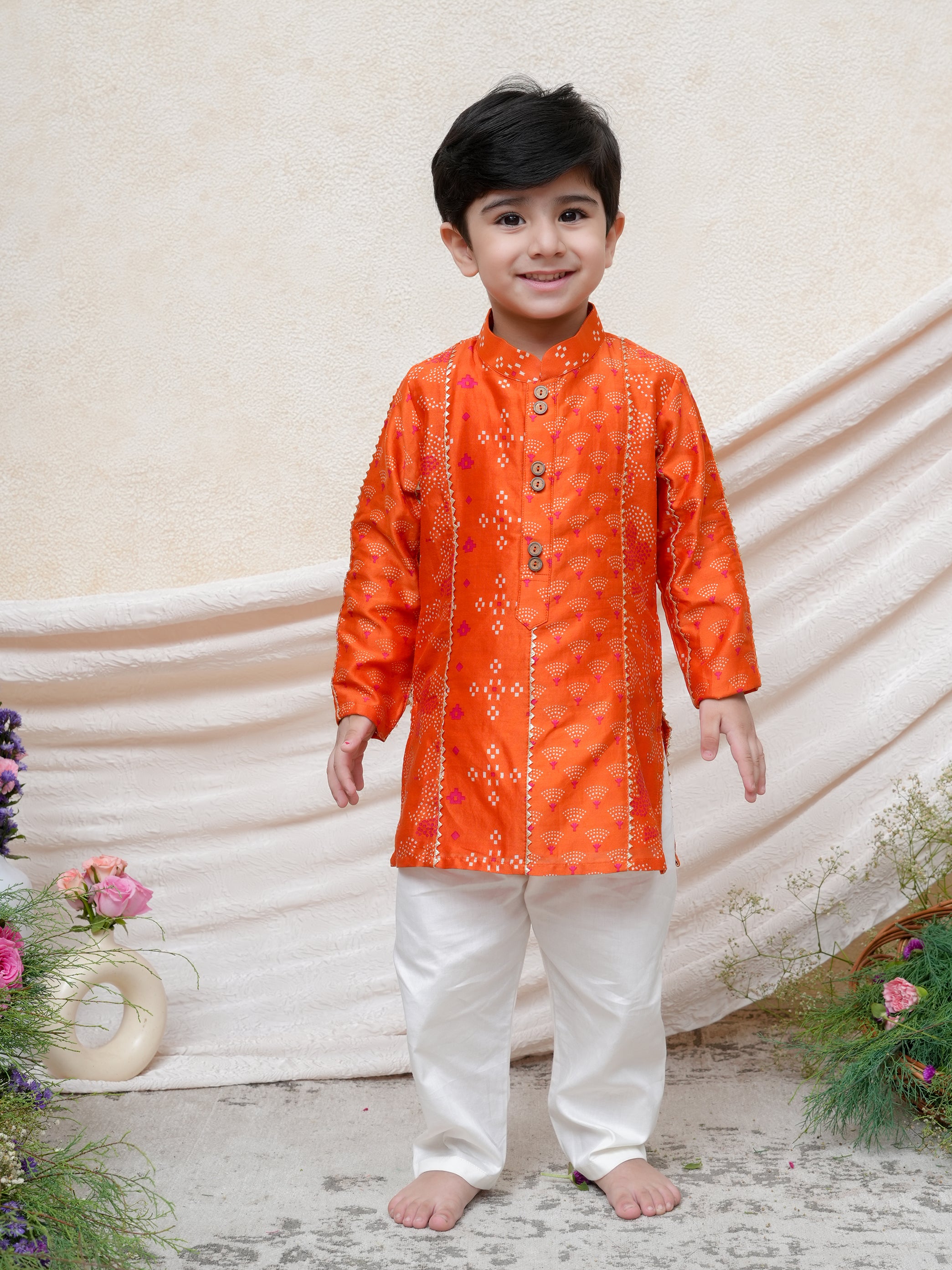 Orange Chanderi Printed Gota Lace Detailed Kurta and Pant