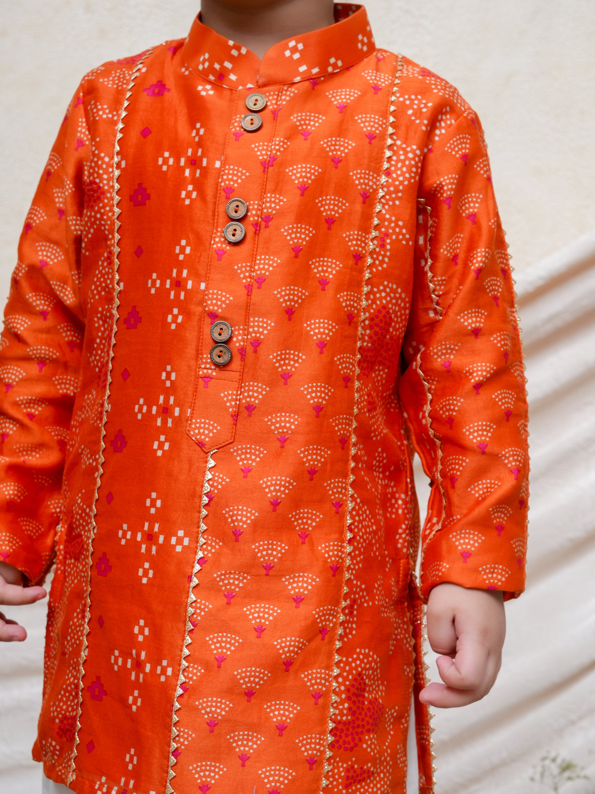 Orange Chanderi Printed Gota Lace Detailed Kurta and Pant