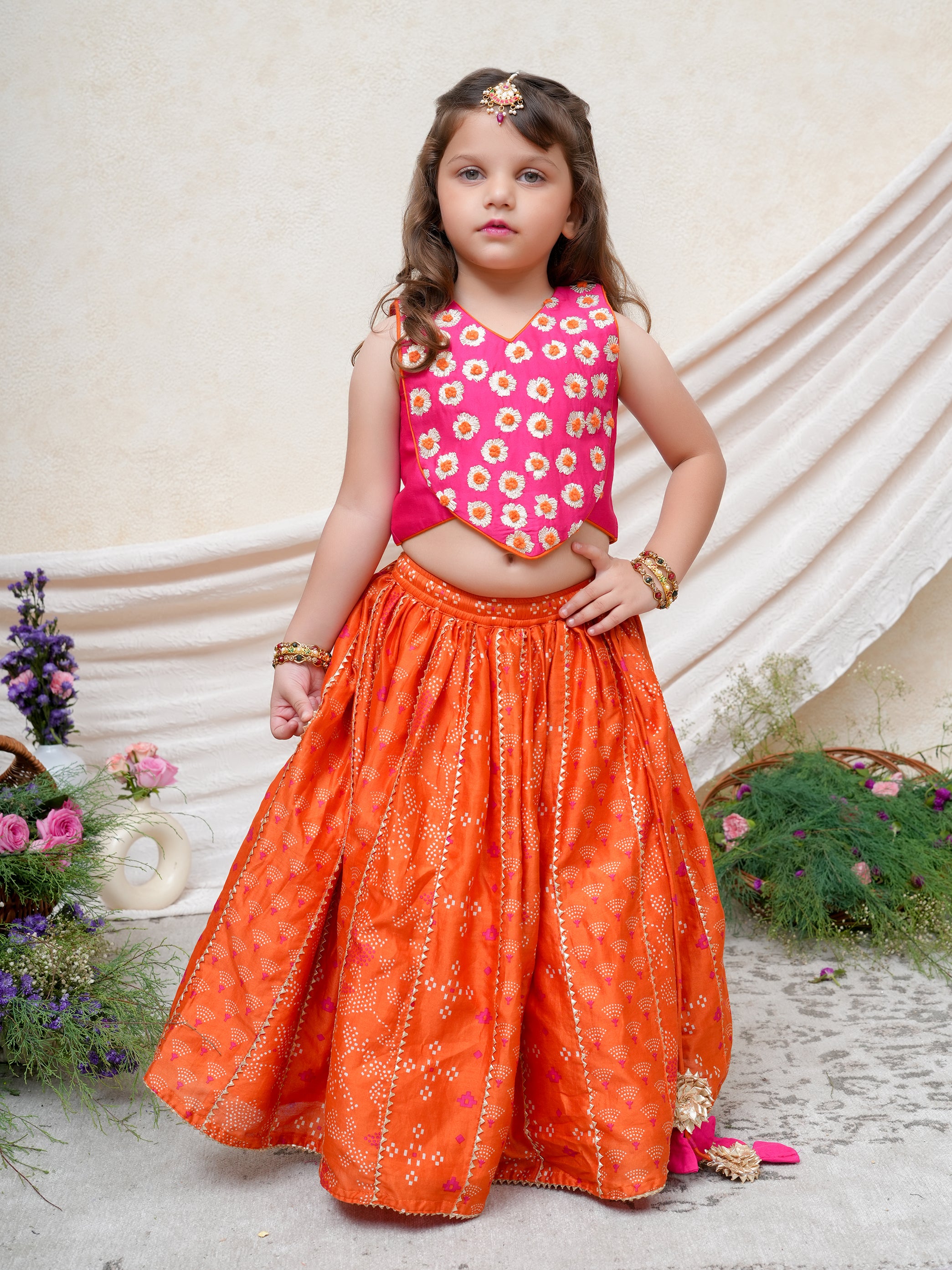 Hot Pink Gota Embroidered Top with Orange Chanderi Gota Ghaghra
