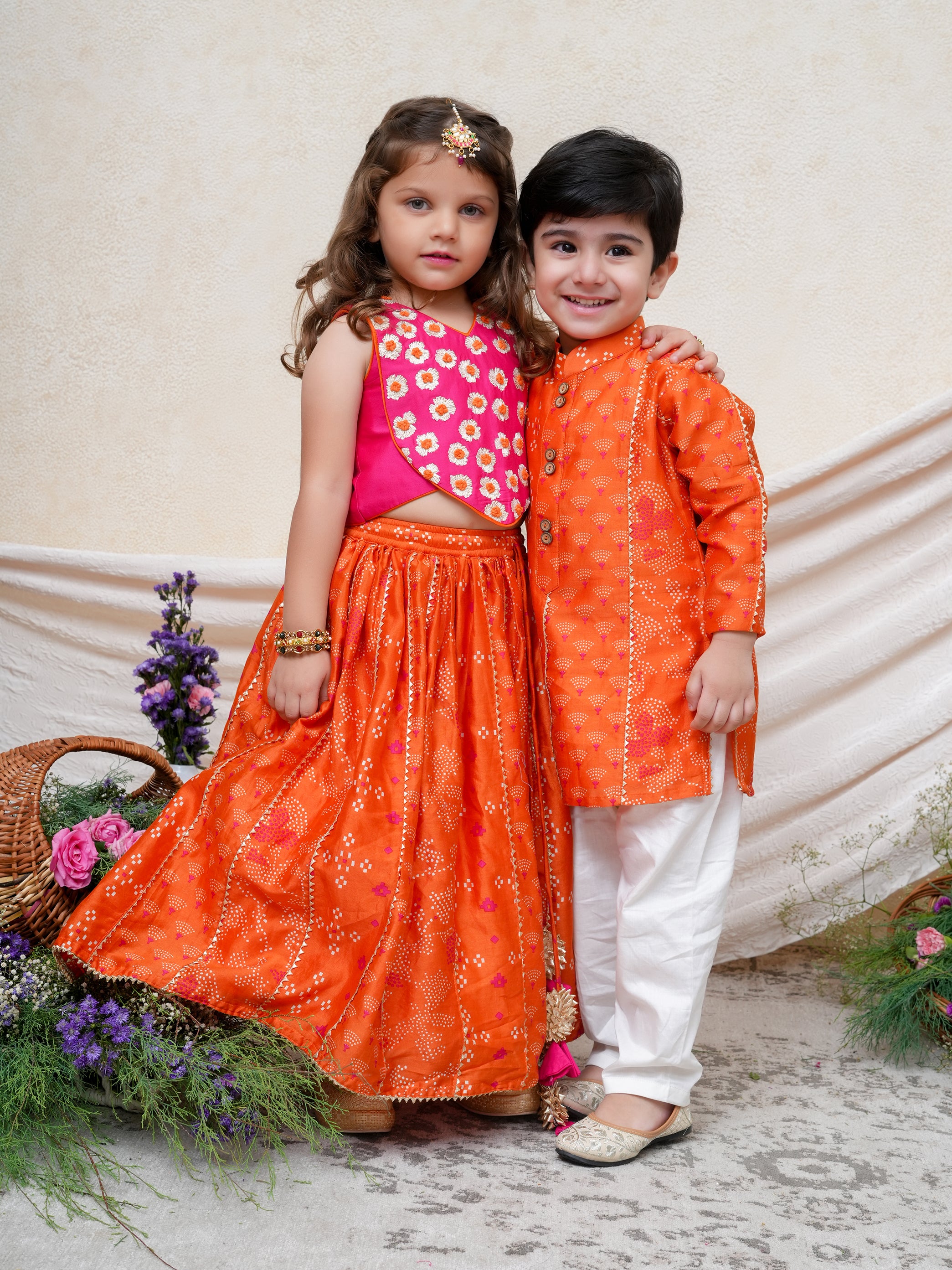 Orange Chanderi Printed Gota Lace Detailed Kurta and Pant