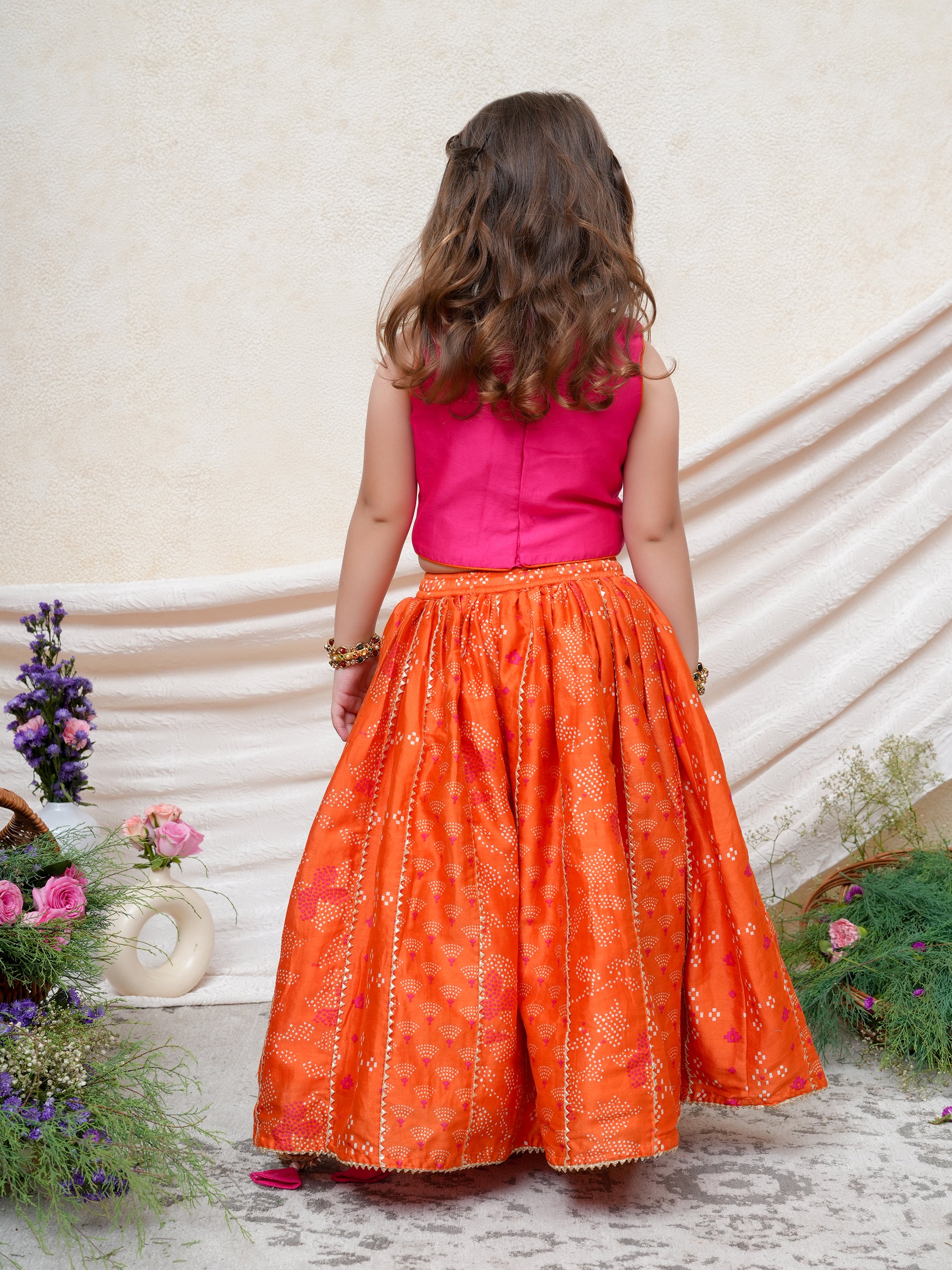 Hot Pink Gota Embroidered Top with Orange Chanderi Gota Ghaghra