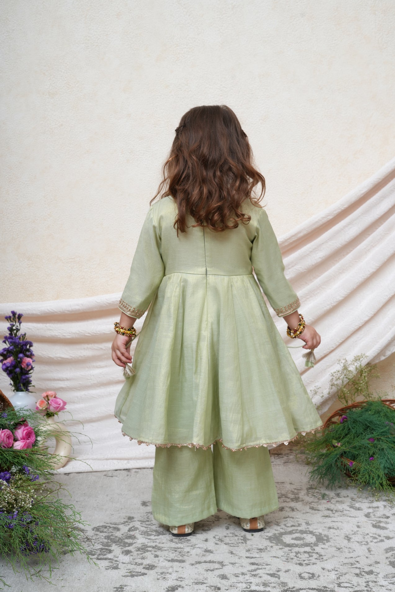 Zari Embroidered Pista Green Tissue Anarkali With Pant