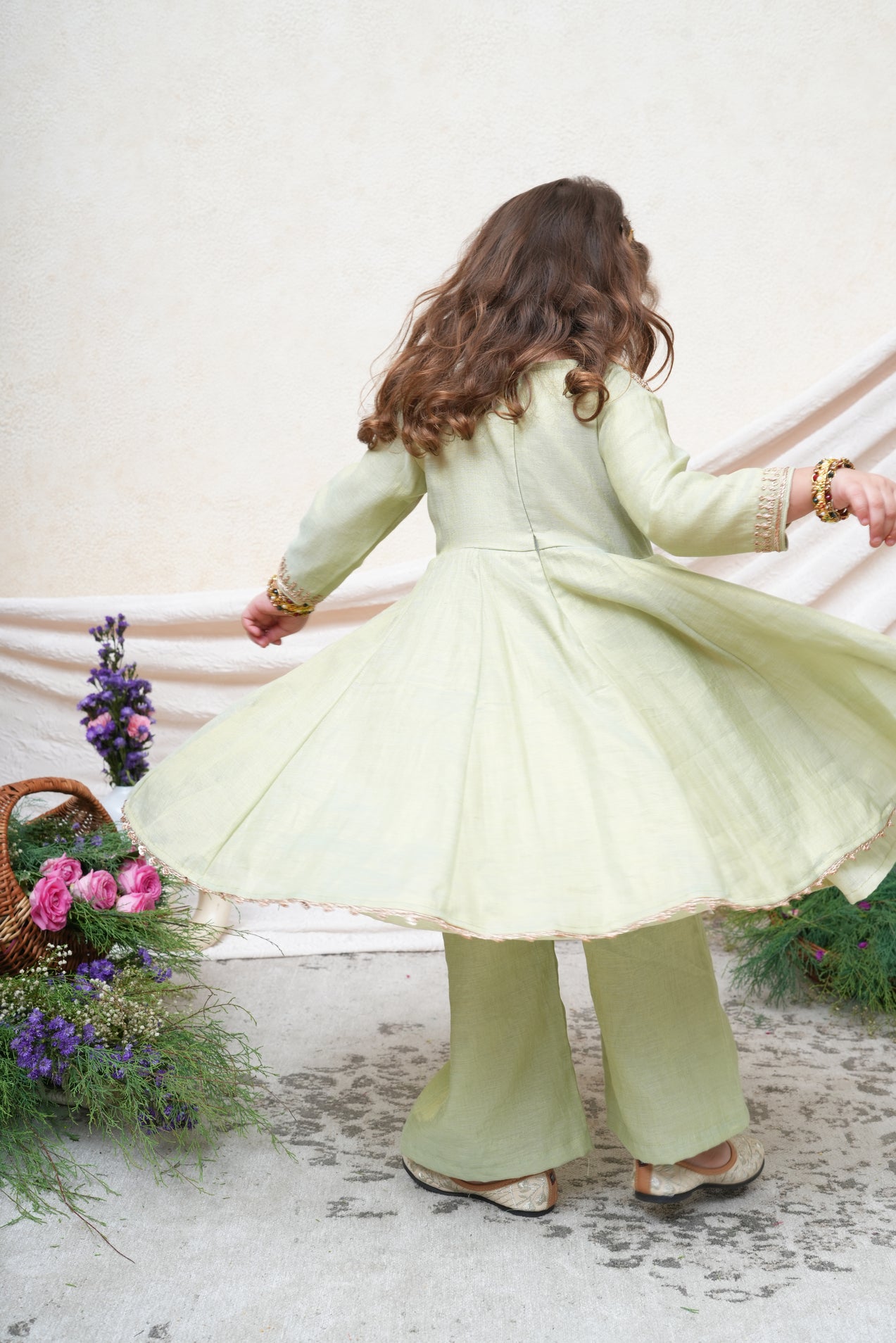 Zari Embroidered Pista Green Tissue Anarkali With Pant