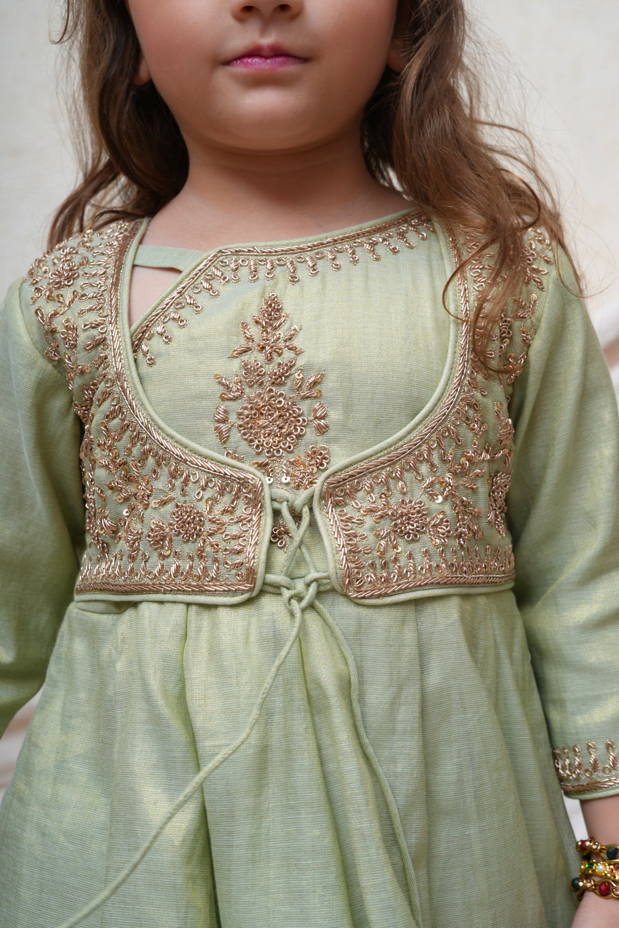 Zari Embroidered Pista Green Tissue Anarkali With Pant