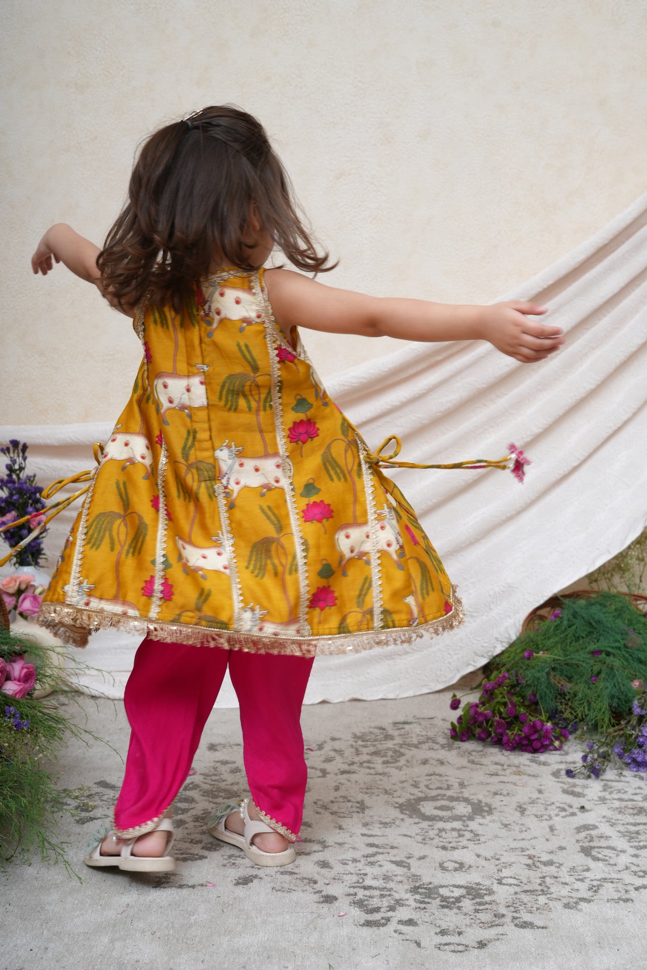 Mustard Cow Printed Kurta and Dhoti