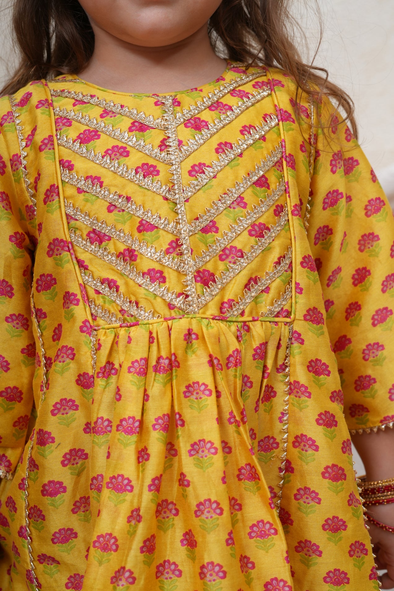 Yellow Chanderi Printed Gota Lace Detailed Kurta and Pant