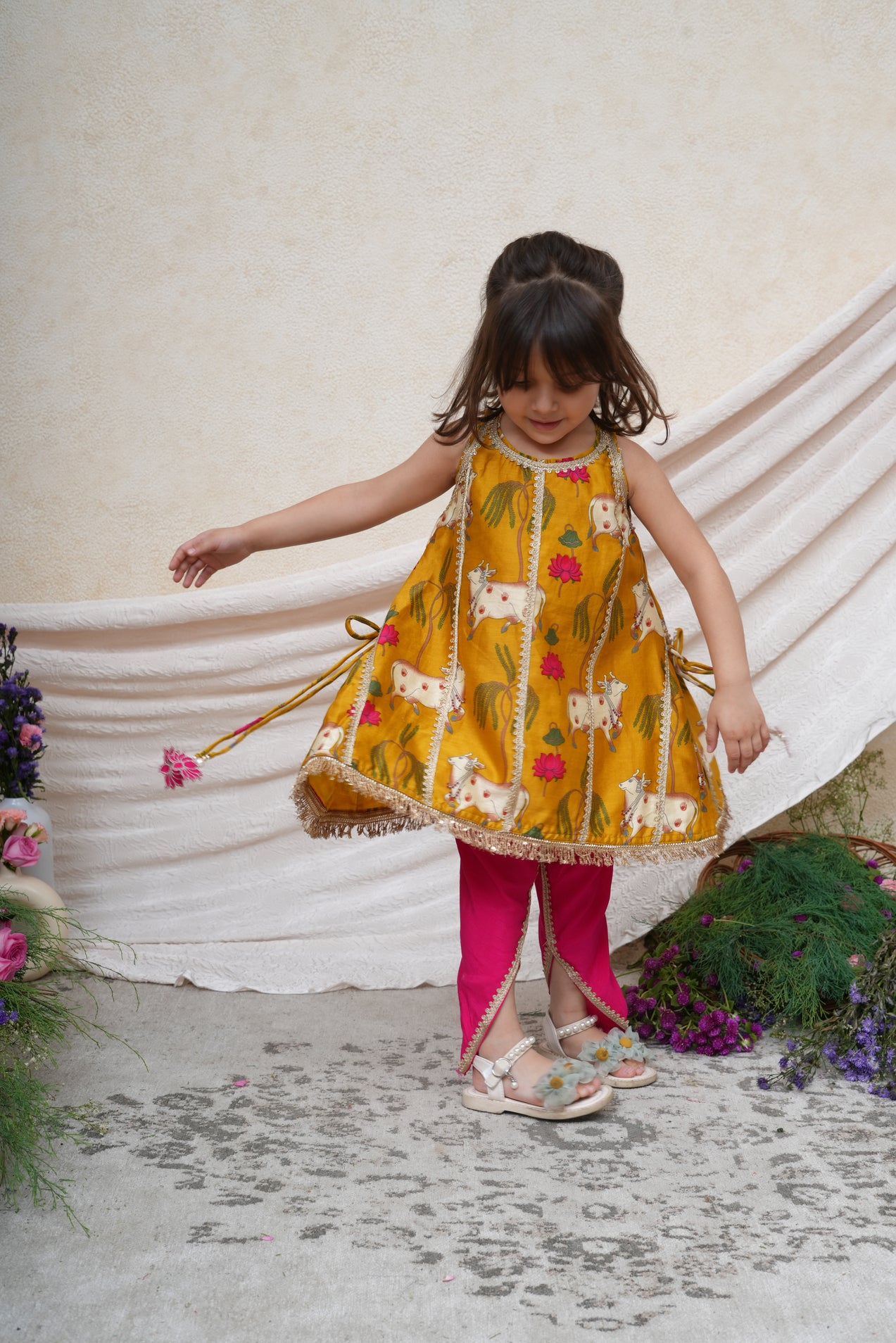 Mustard Cow Printed Kurta and Dhoti