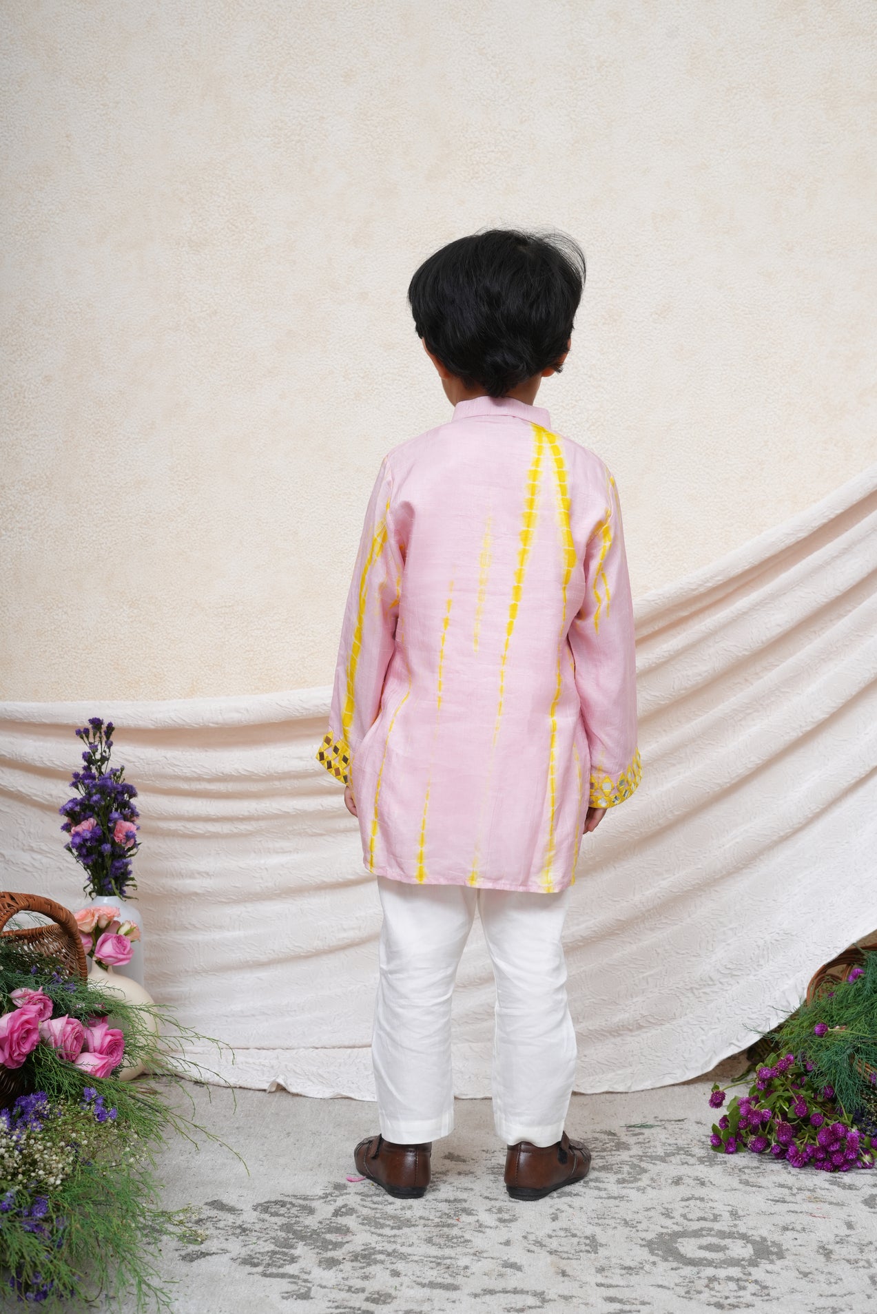 Mirror and Thread Embroidered Pink and Lime Green Shiboree Kurta and Pant